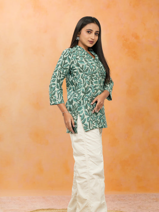 Nimrit Green Printed Cotton Short Top
