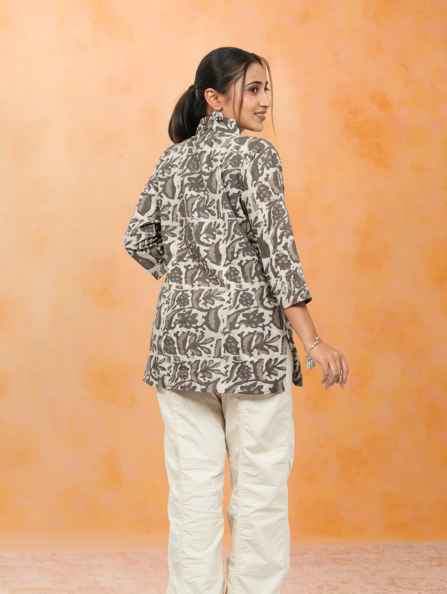 Nimrit Grey Printed Cotton Short Top