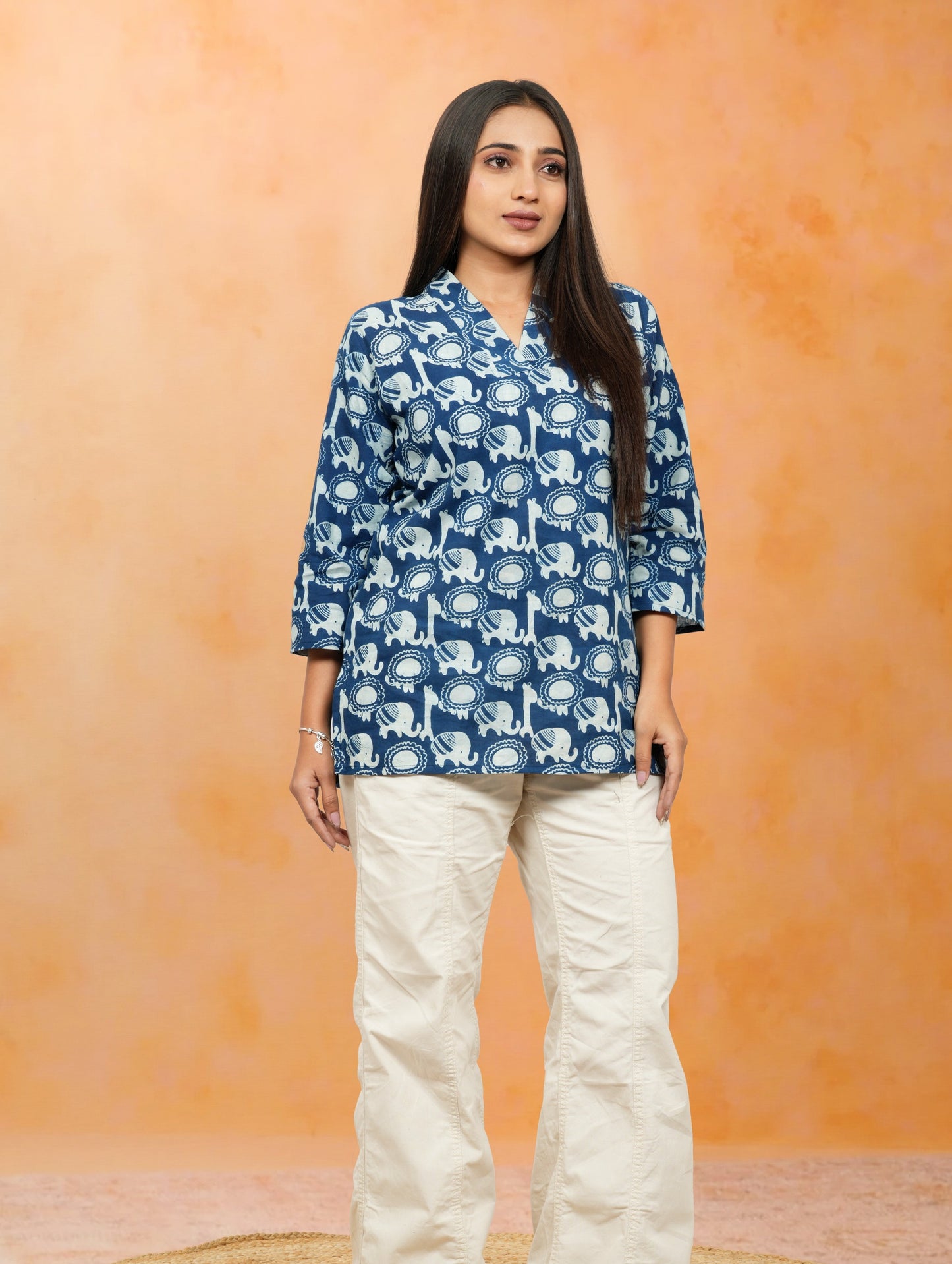 Nimrit Indigo Animal Print Cotton Short Top
