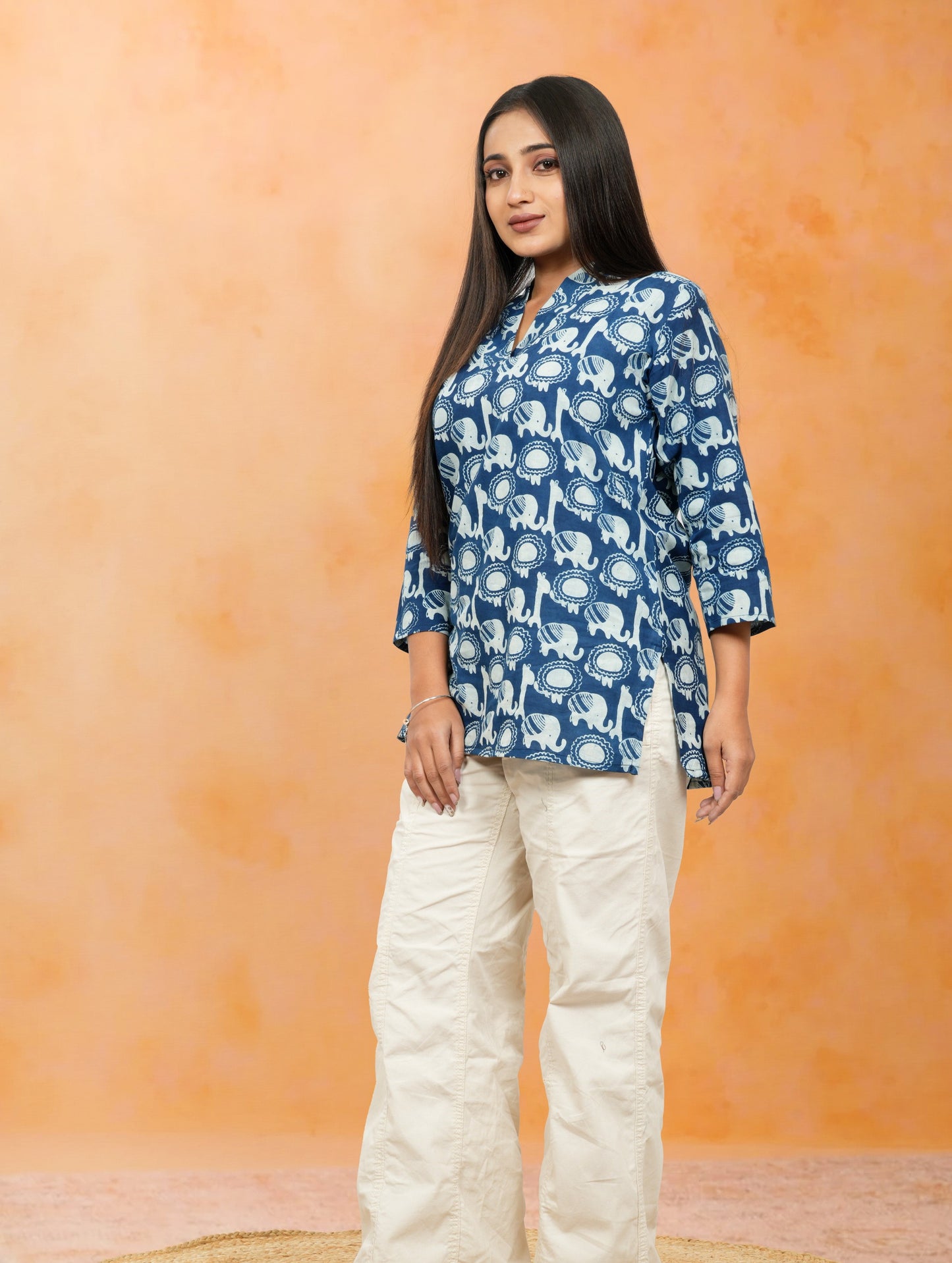 Nimrit Indigo Animal Print Cotton Short Top