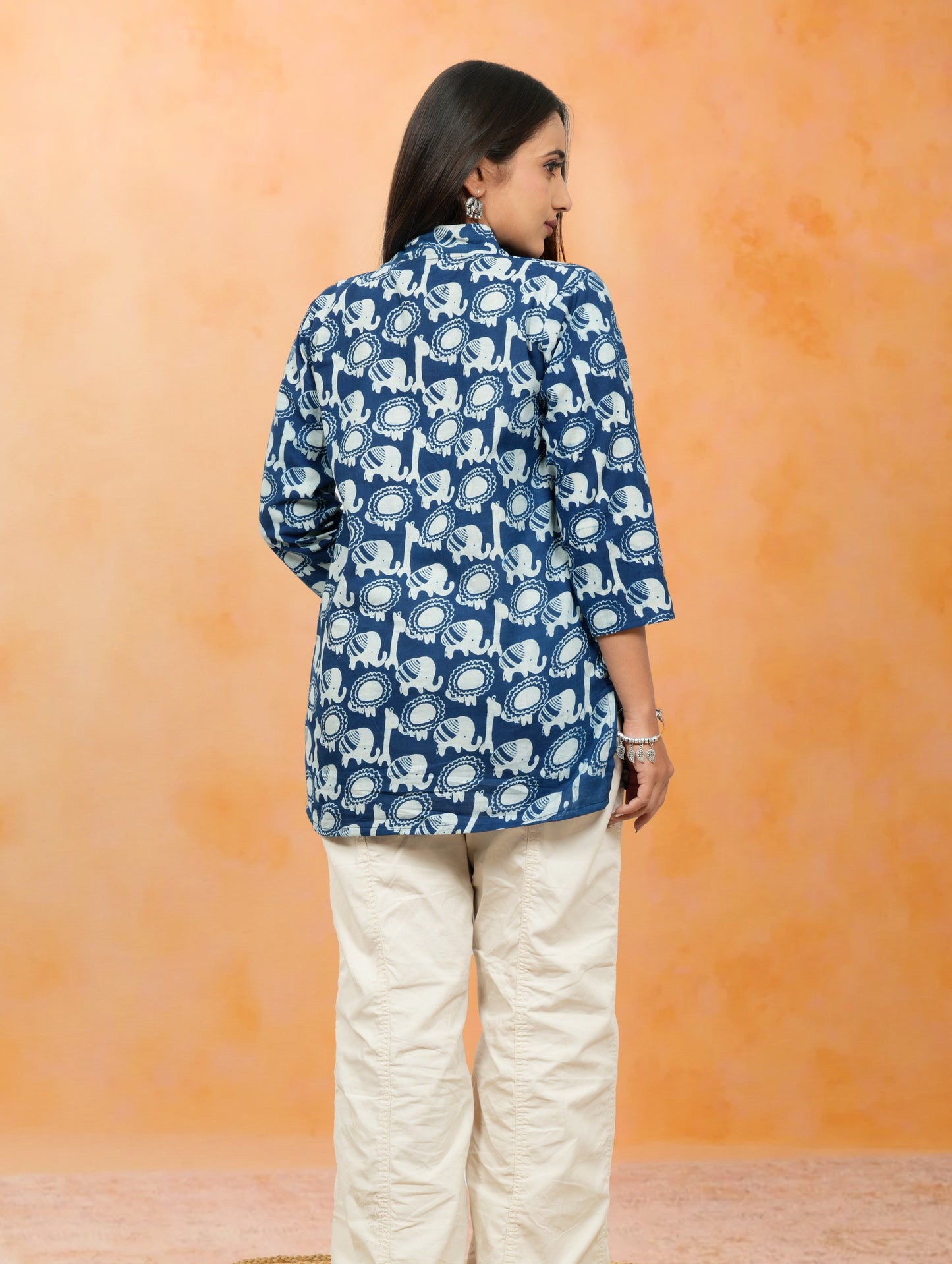 Nimrit Indigo Animal Print Cotton Short Top