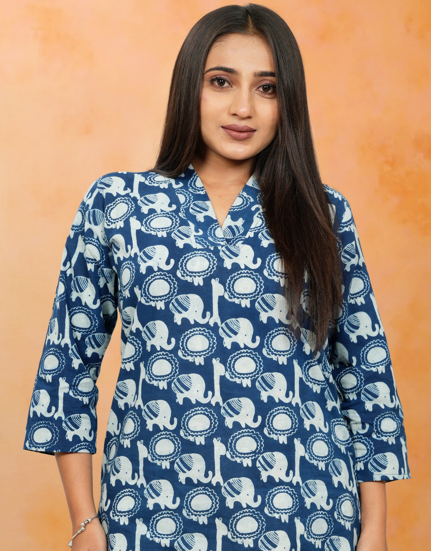 Nimrit Indigo Animal Print Cotton Short Top