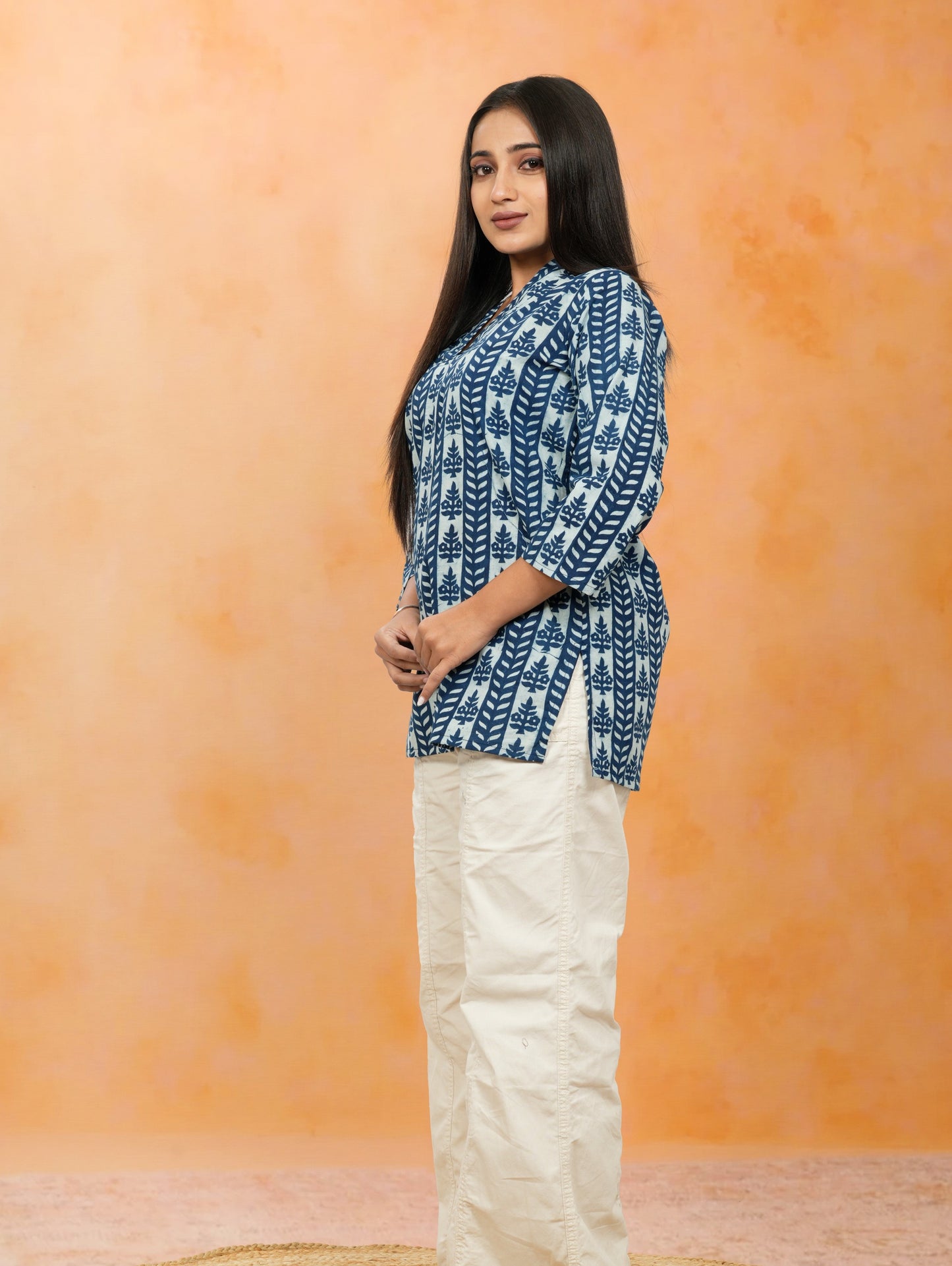Nimrit Indigo Lining Printed Cotton Short Top