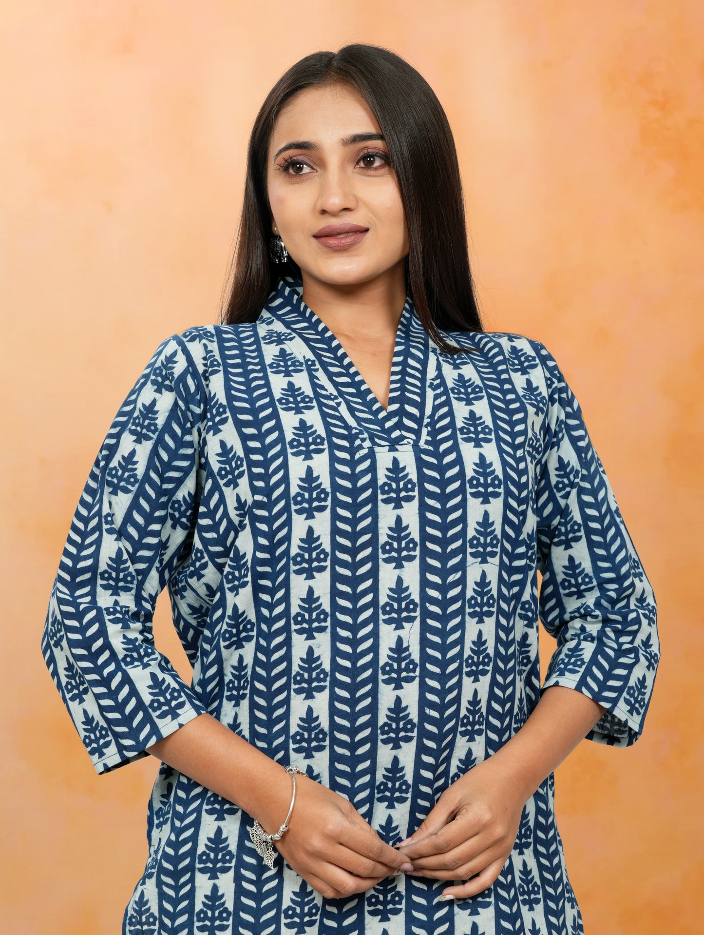 Nimrit Indigo Lining Printed Cotton Short Top