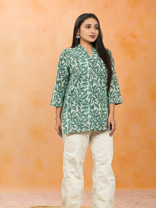 Nimrit Green Printed Cotton Short Top
