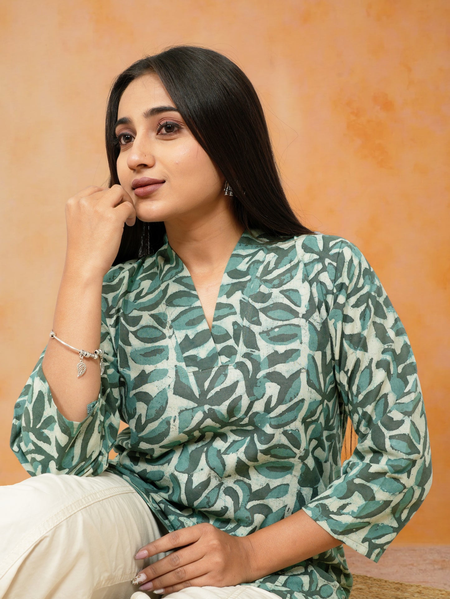 Nimrit Green Printed Cotton Short Top