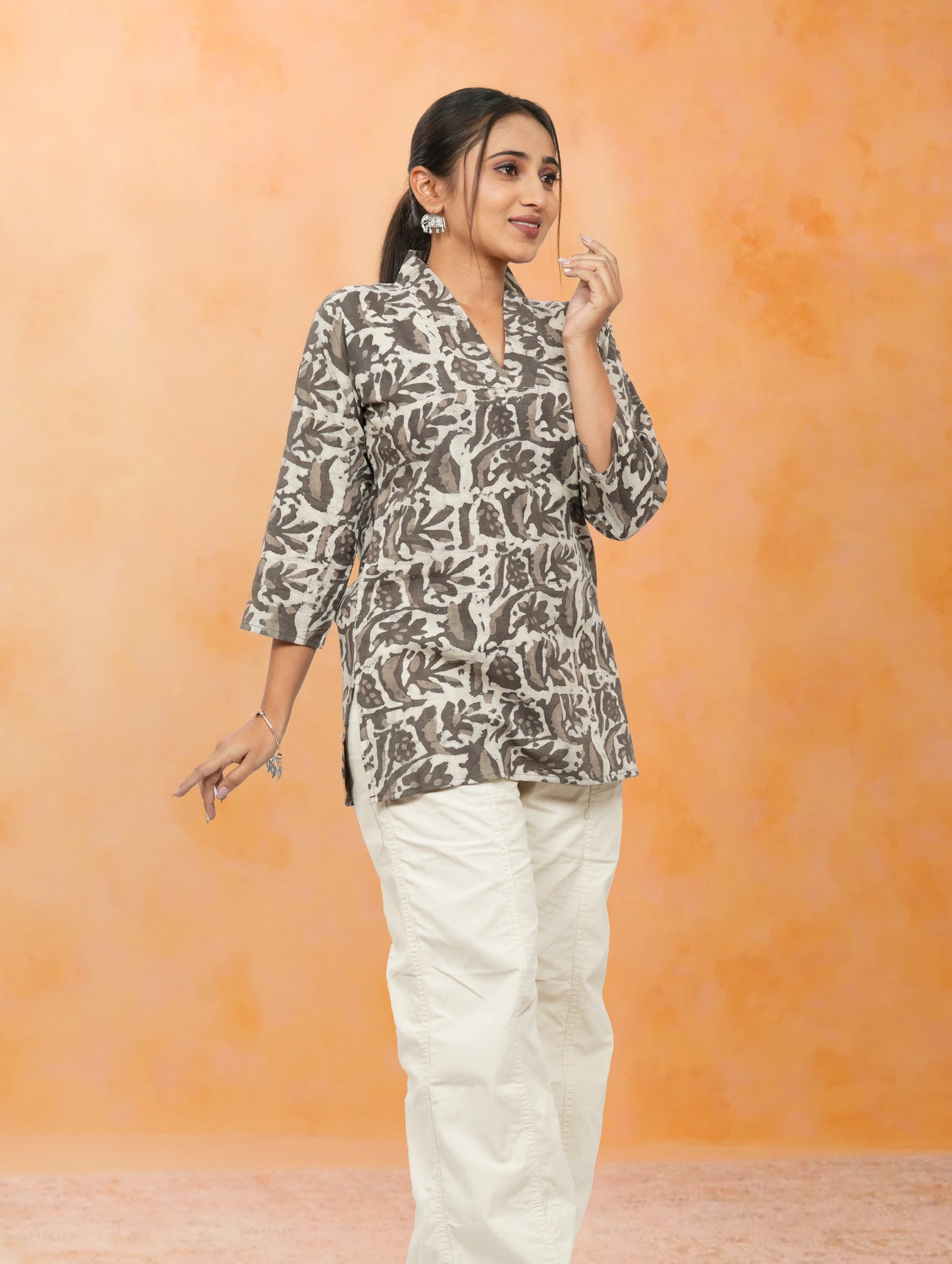 Nimrit Grey Printed Cotton Short Top