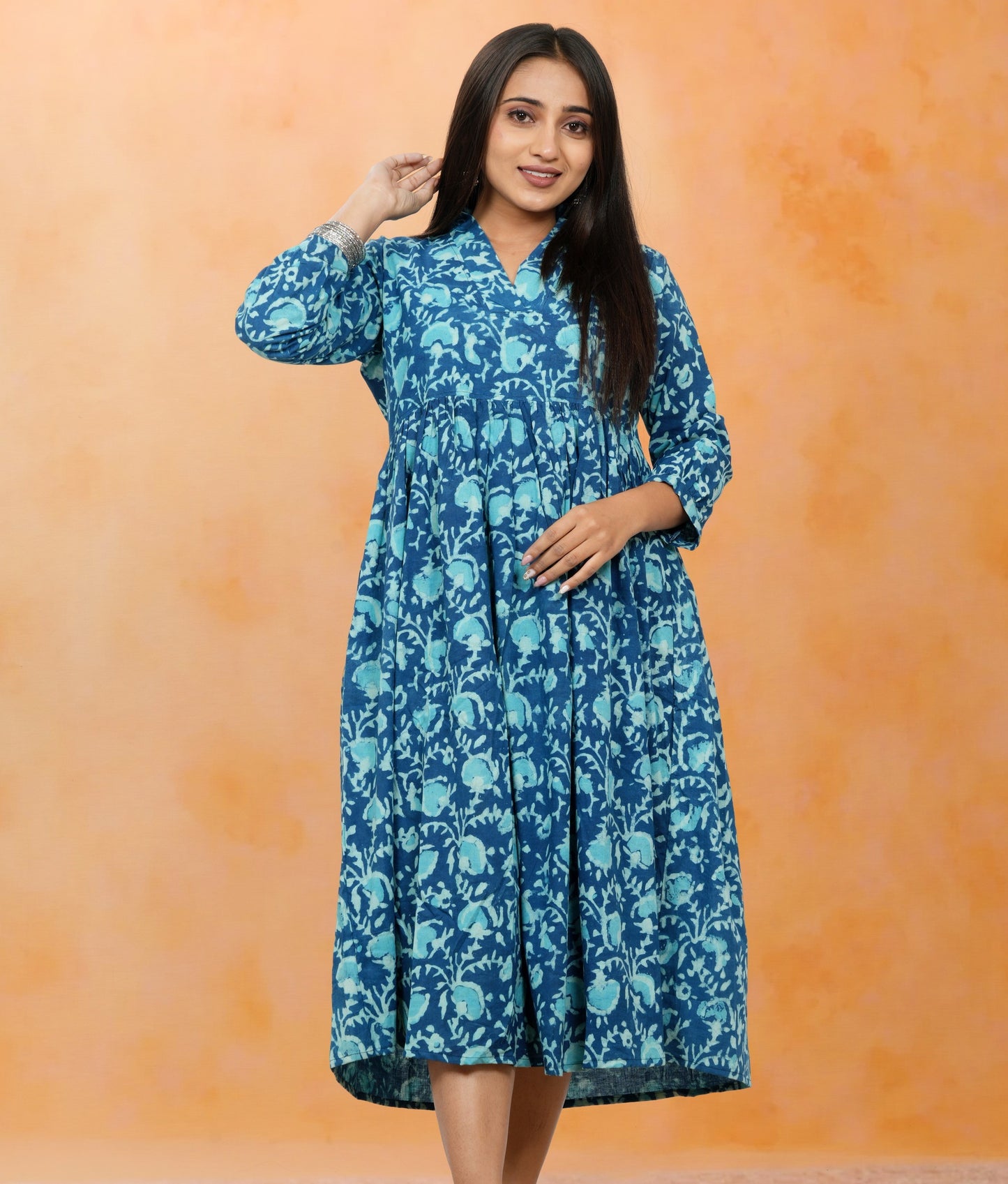 Lavanya Teal Blue Cotton Upper Chest Dress