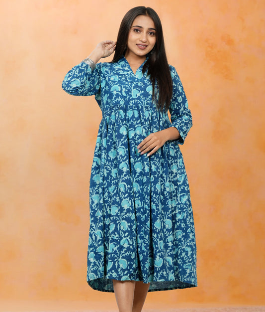 Lavanya Teal Blue Cotton Upper Chest Dress