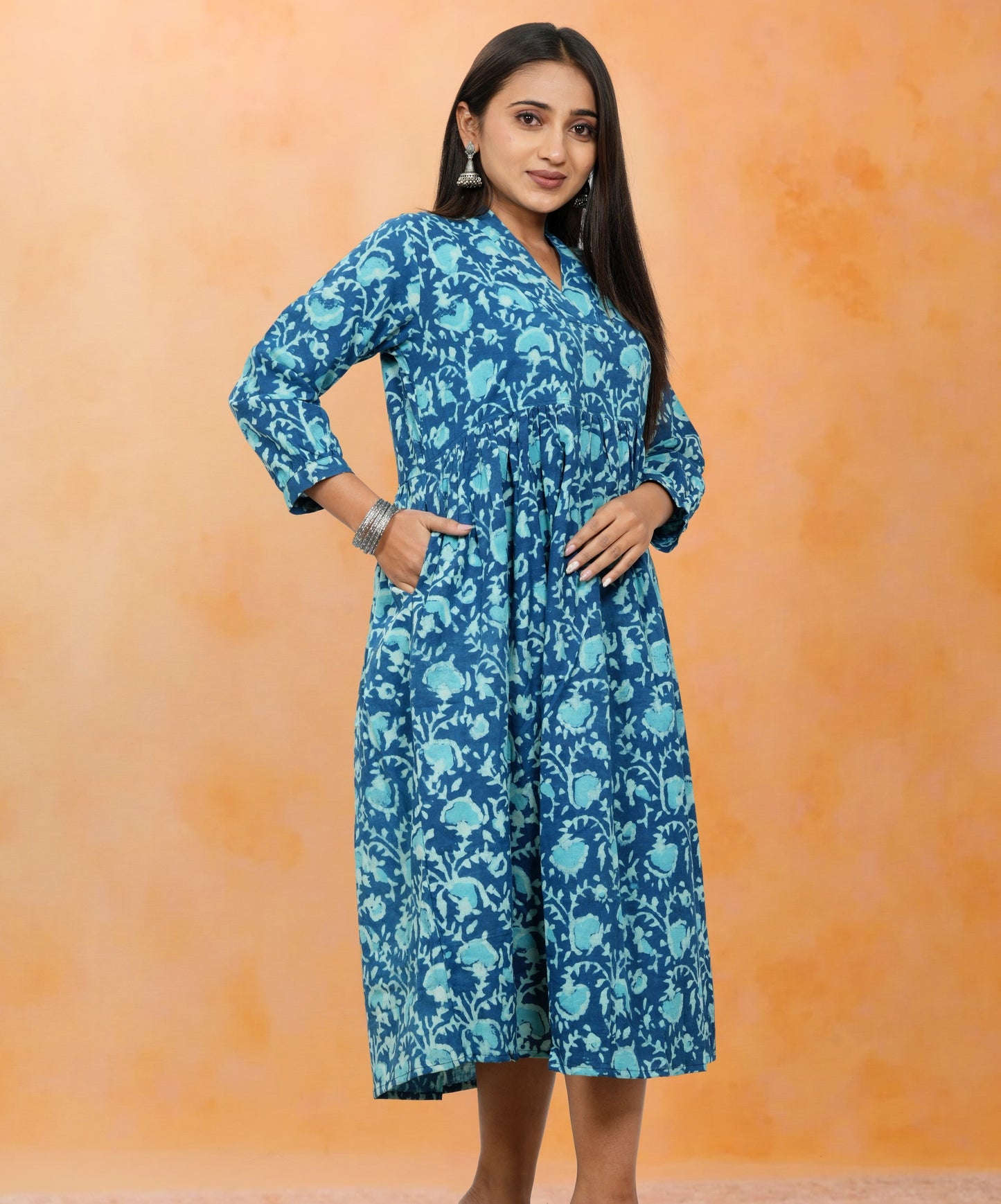 Lavanya Teal Blue Cotton Upper Chest Dress