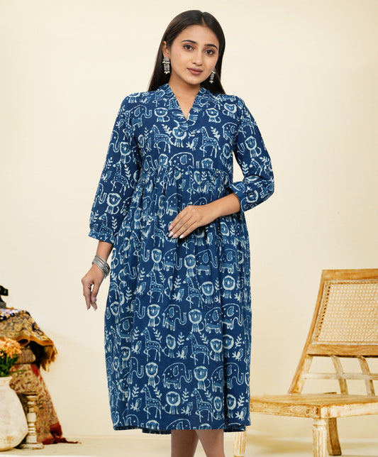 Lavanya Indigo Animal Print Cotton Upper Chest Dress