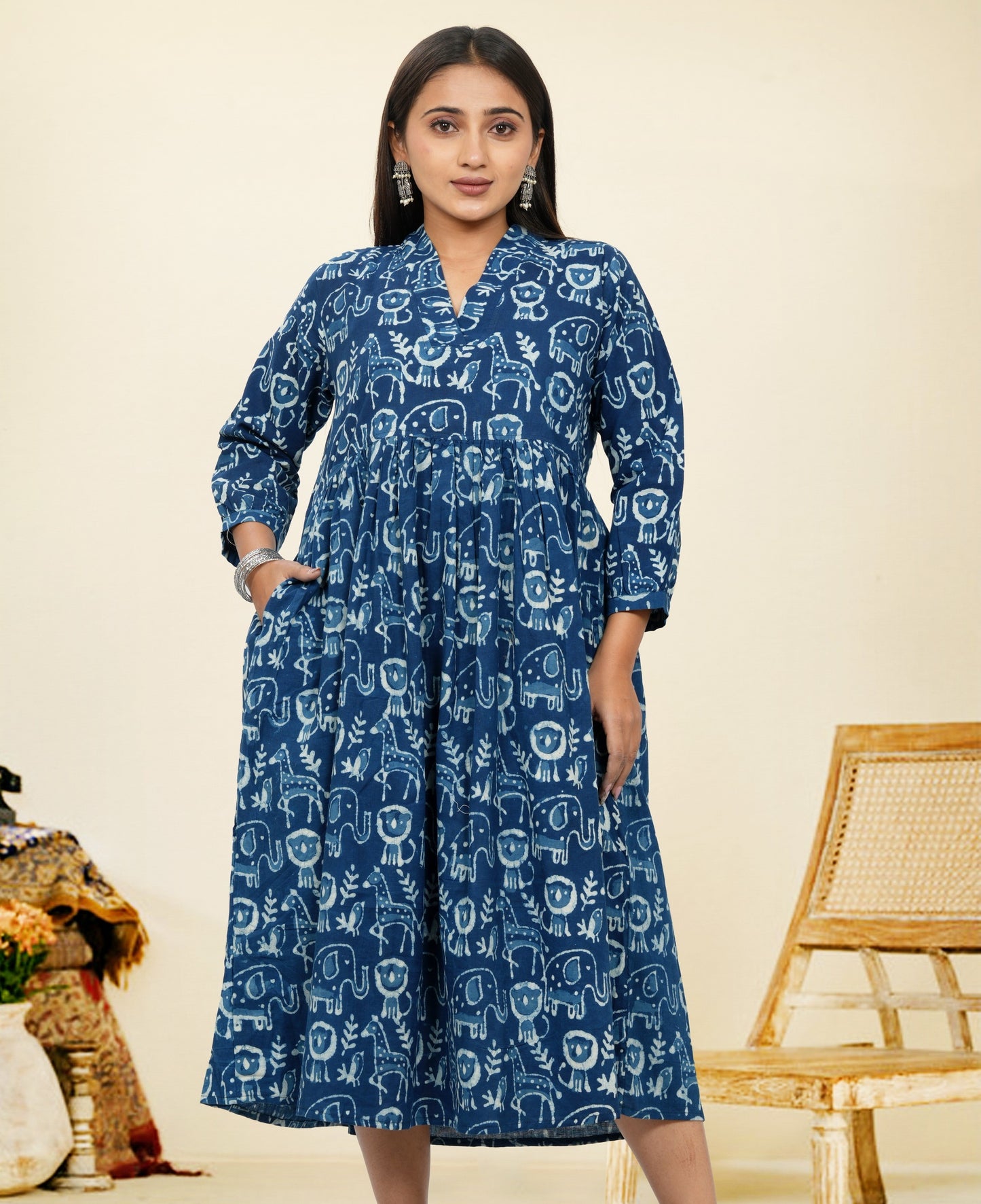 Lavanya Indigo Animal Print Cotton Upper Chest Dress