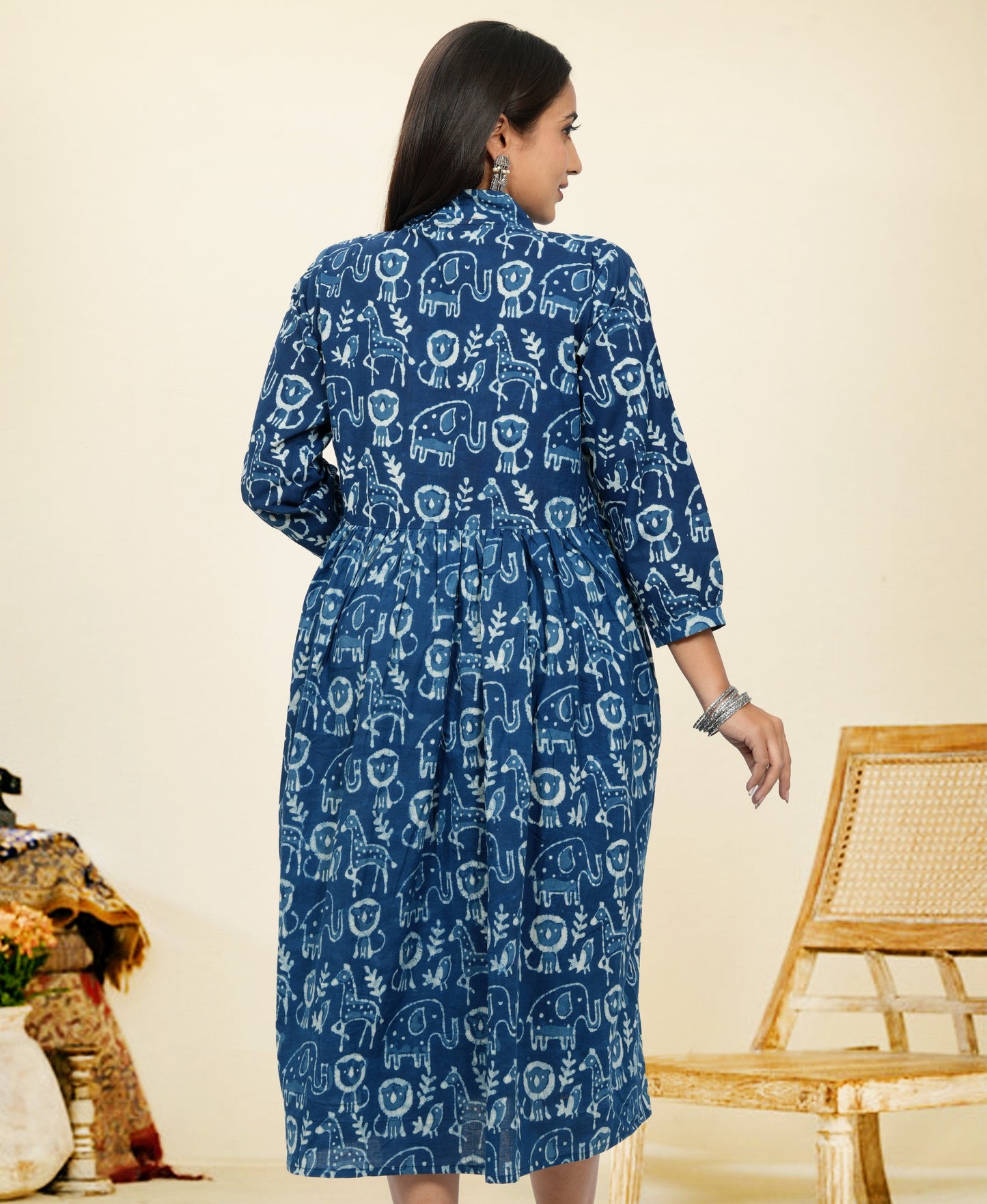 Lavanya Indigo Animal Print Cotton Upper Chest Dress