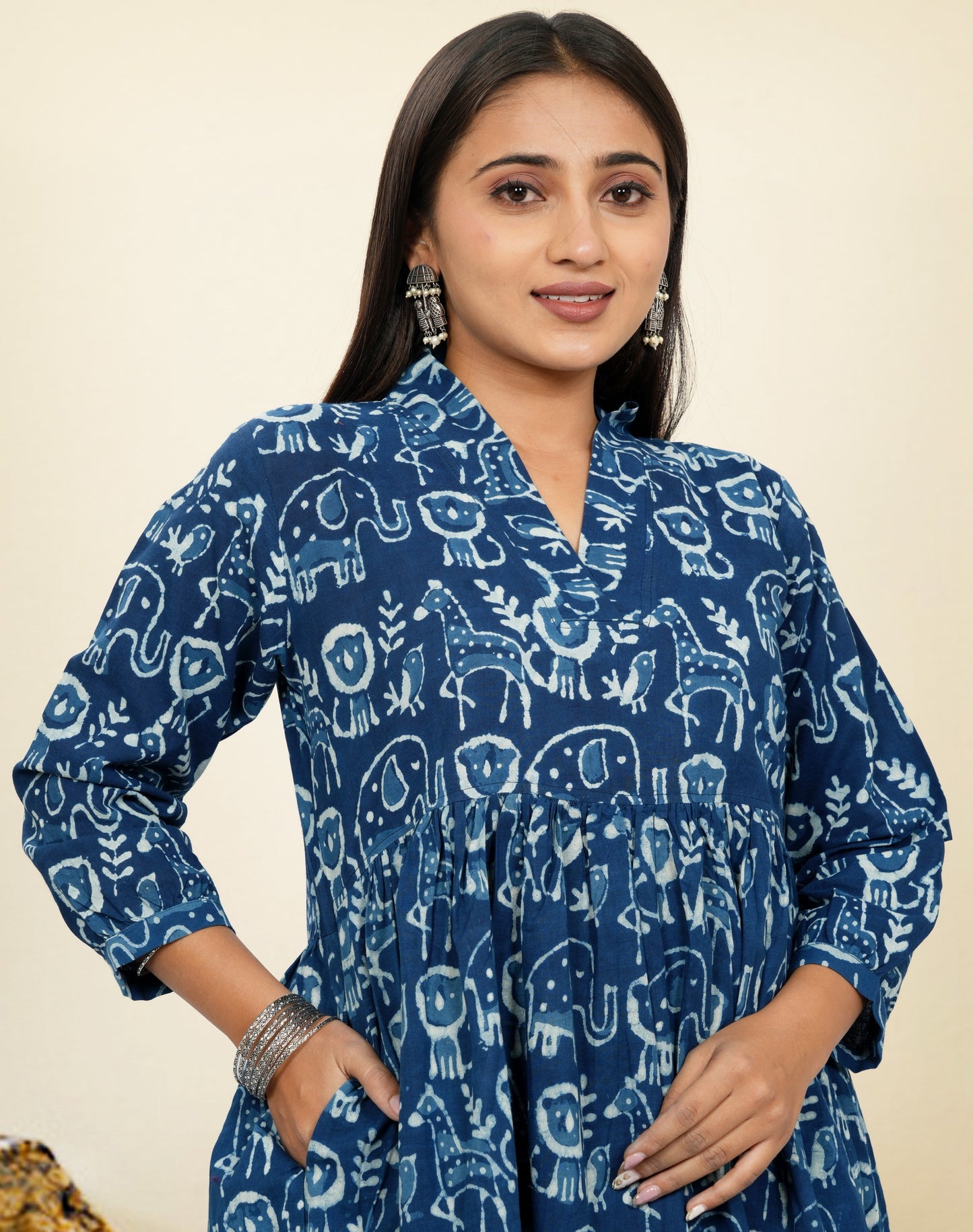 Lavanya Indigo Animal Print Cotton Upper Chest Dress