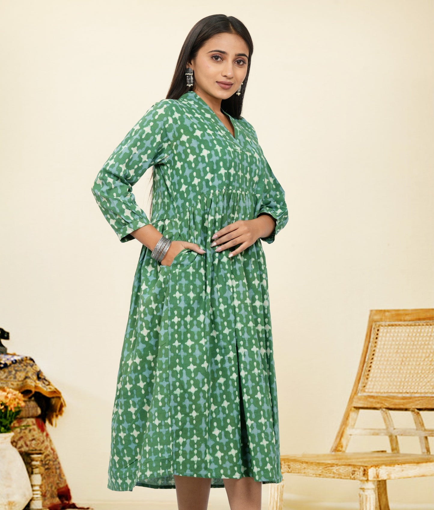 Lavanya Dark Green Cotton Upper Chest Dress
