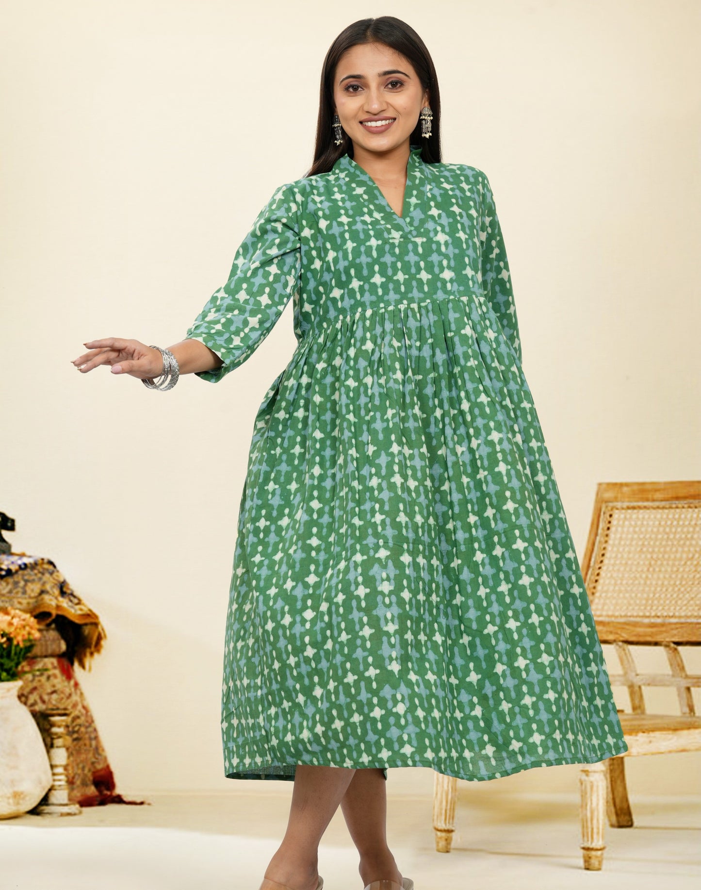 Lavanya Dark Green Cotton Upper Chest Dress