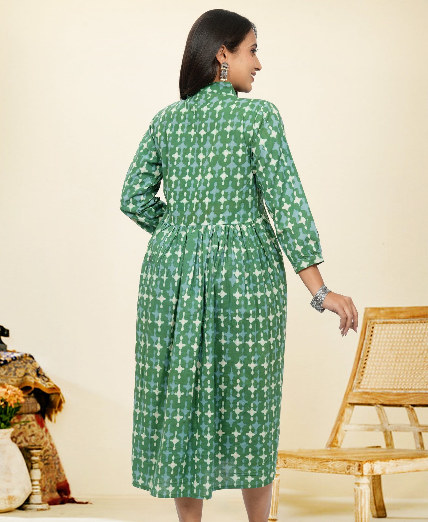 Lavanya Dark Green Cotton Upper Chest Dress