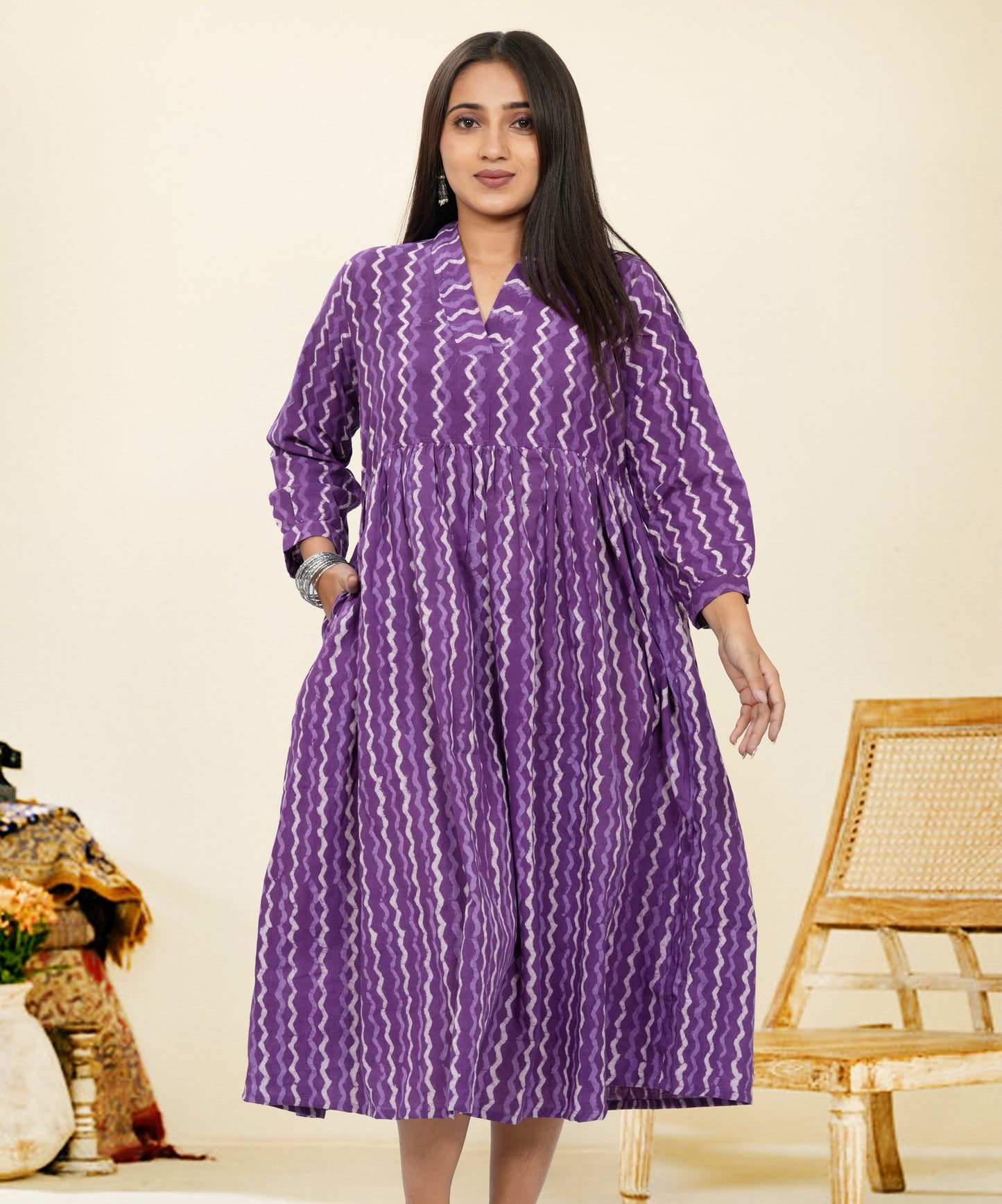 Lavanya Purple Zig Zag Cotton Upper Chest Dress