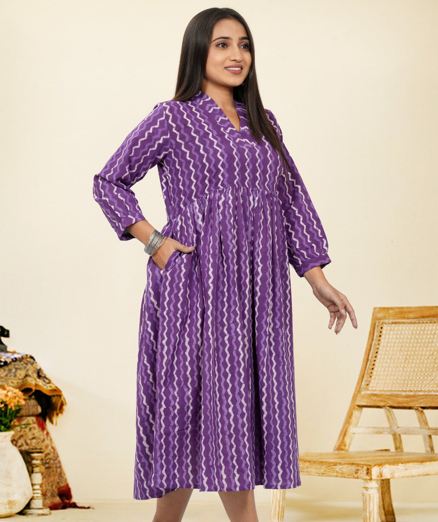 Lavanya Purple Zig Zag Cotton Upper Chest Dress