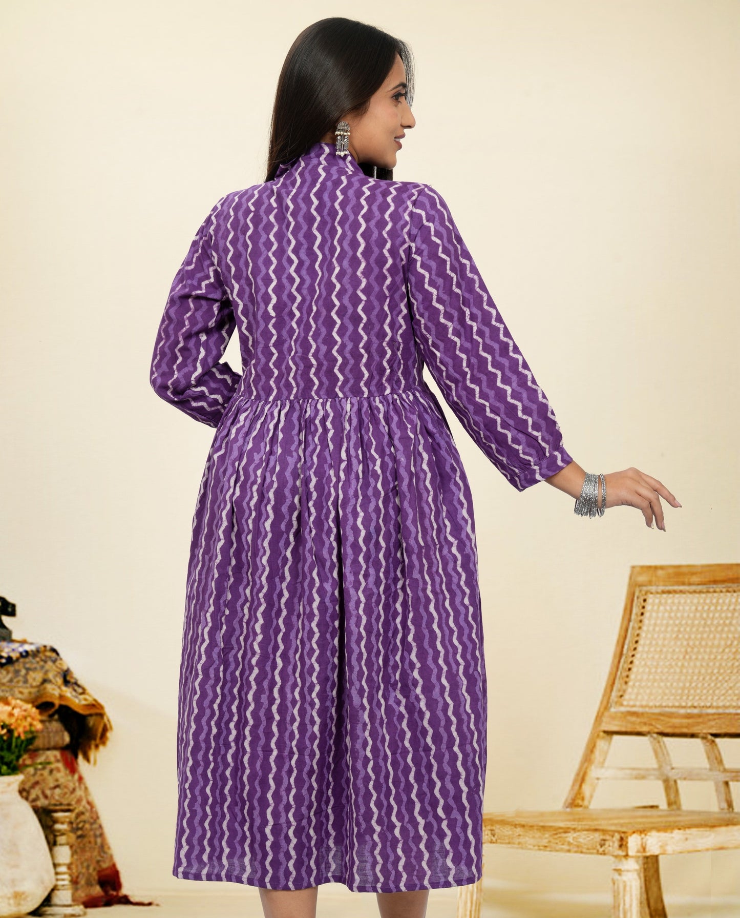 Lavanya Purple Zig Zag Cotton Upper Chest Dress