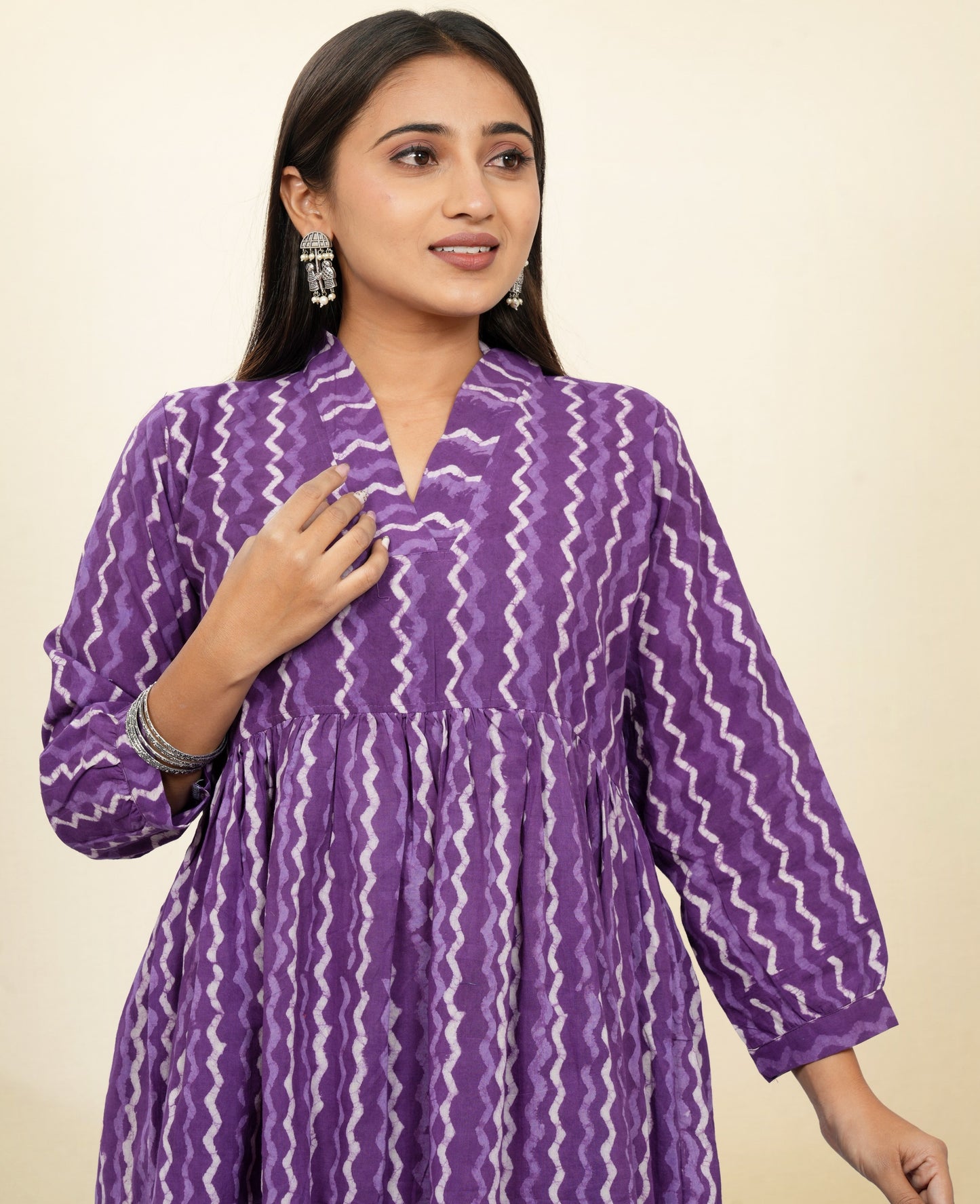 Lavanya Purple Zig Zag Cotton Upper Chest Dress