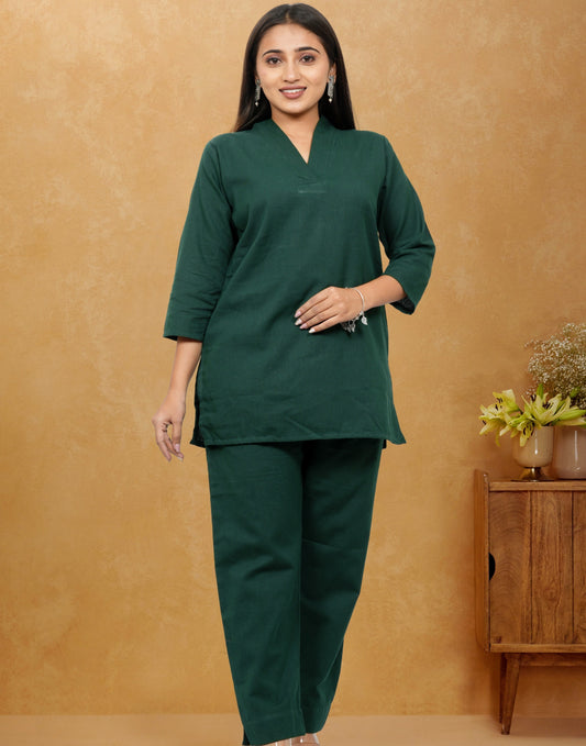 Nivaah Bottle Green Cotton Short Co-Ord Set