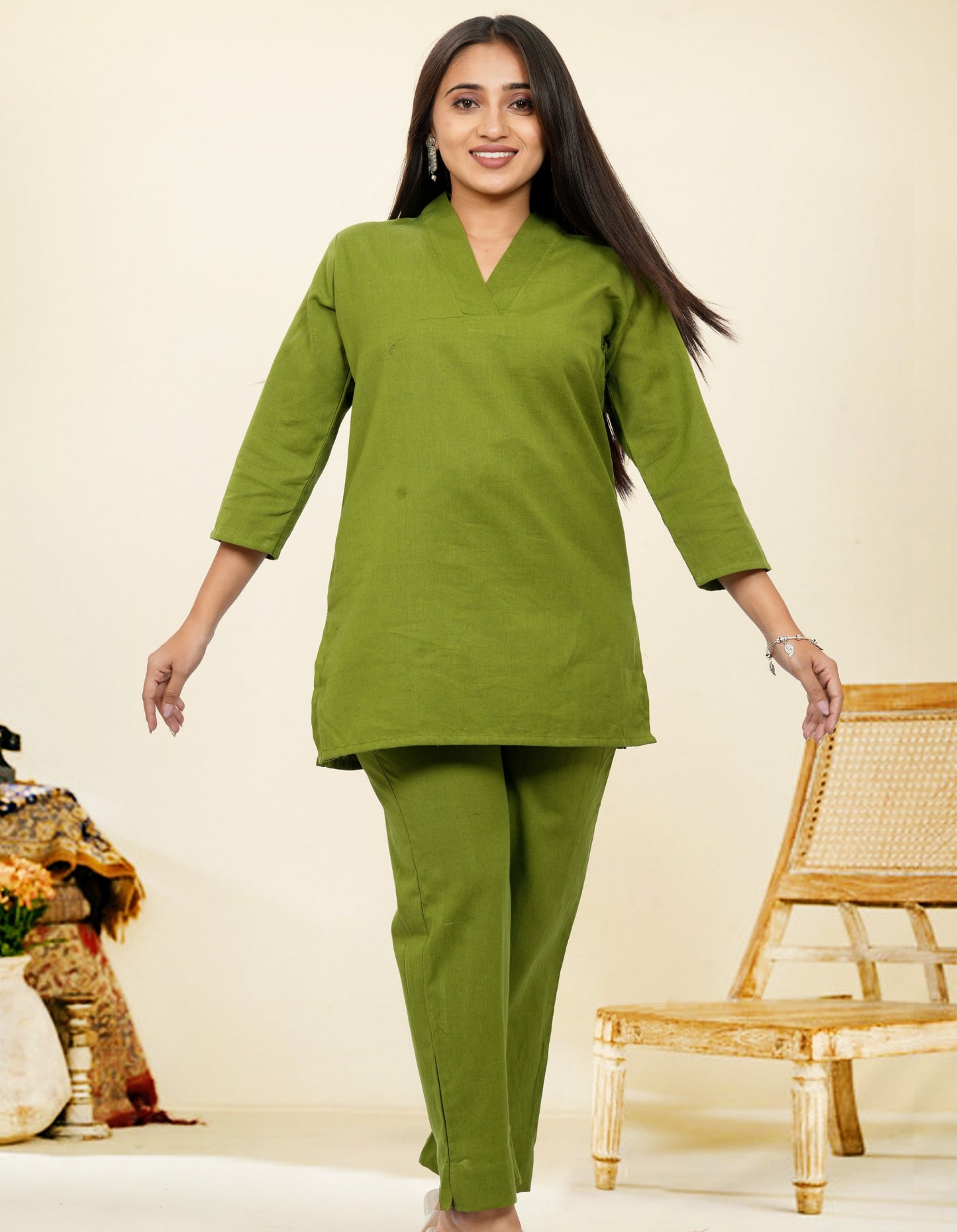 Nivaah Mehendi Green Cotton Short Co-Ord Set