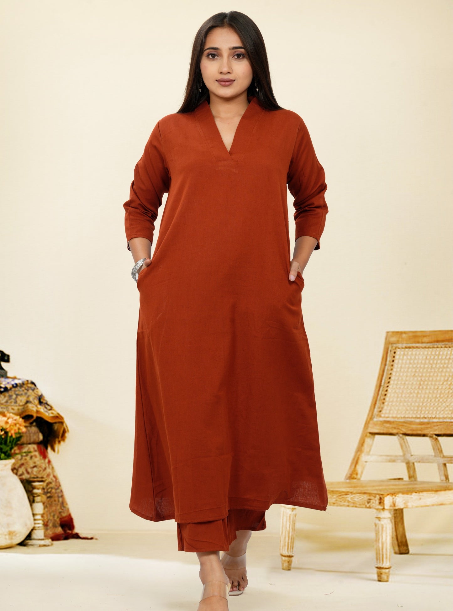 Ruhani Rust Cotton A-Line long Co-Ord Set