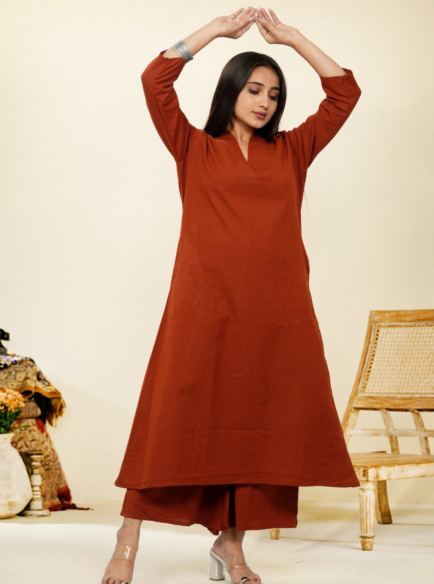 Ruhani Rust Cotton A-Line long Co-Ord Set