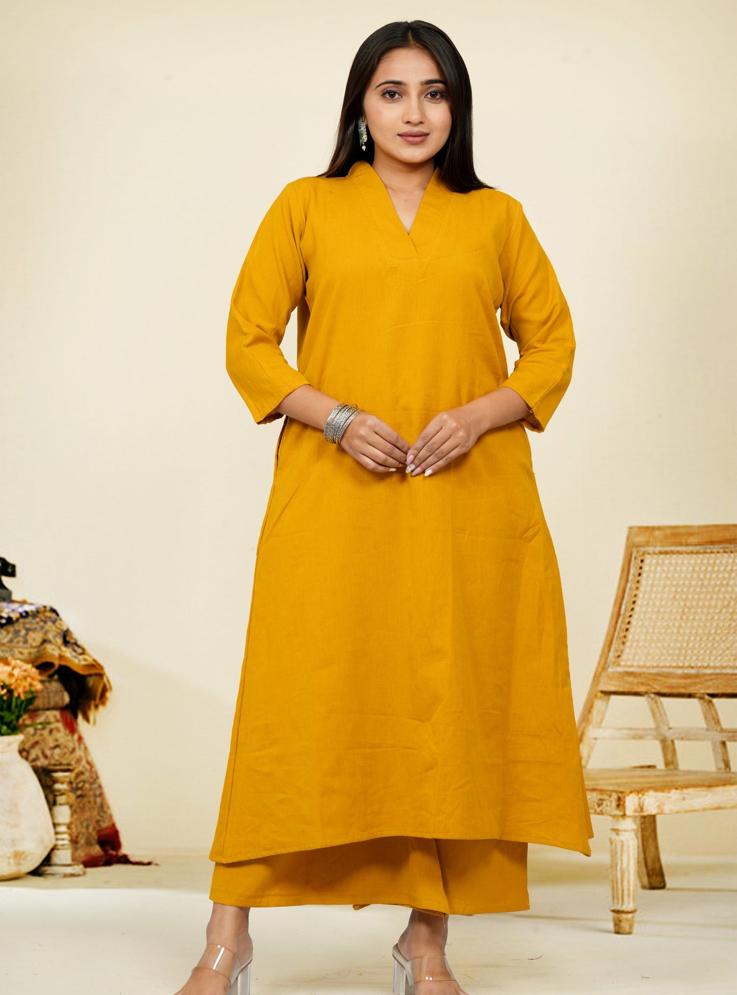 Ruhani Mustard Cotton A-Line long Co-Ord Set
