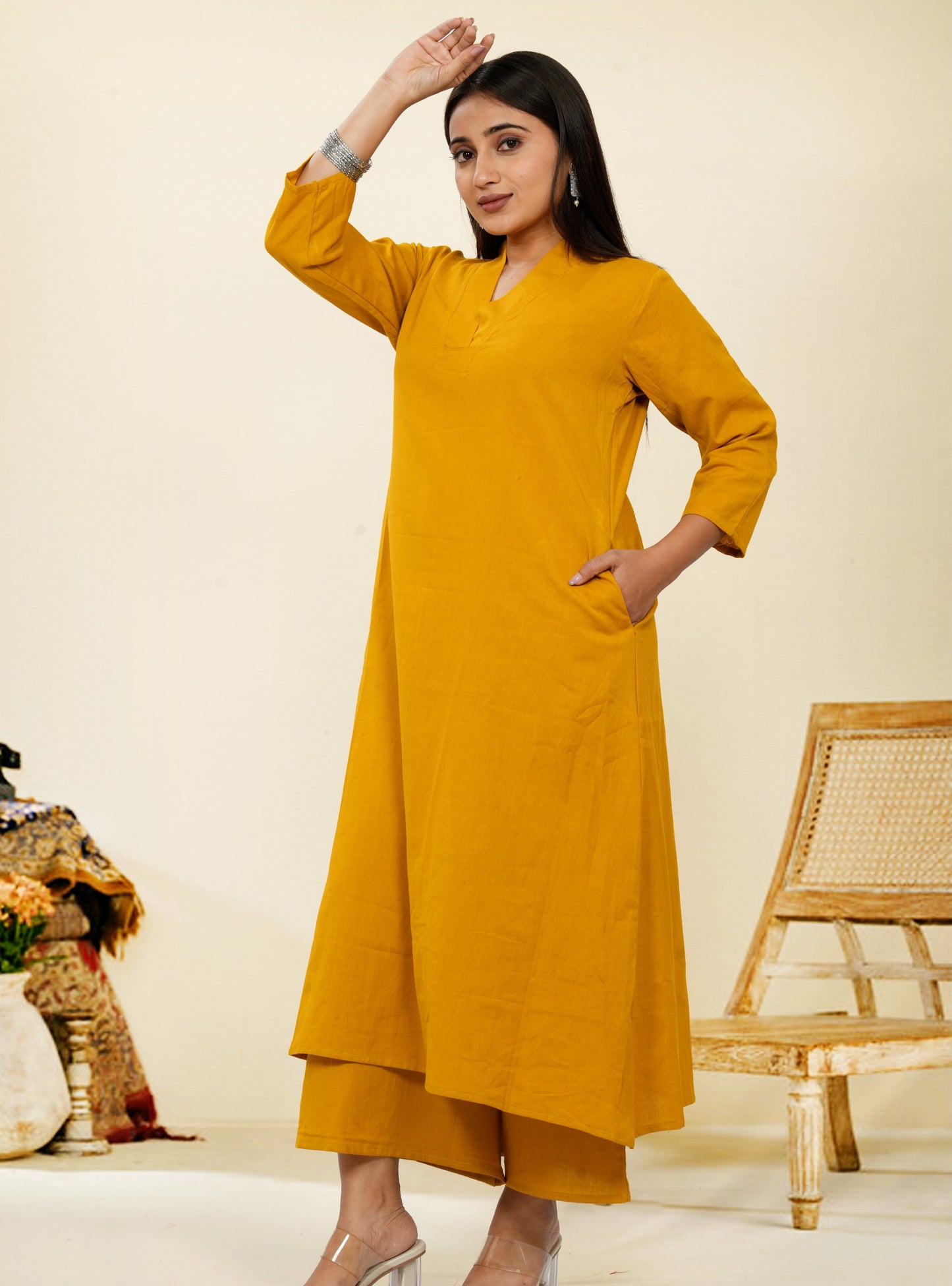 Ruhani Mustard Cotton A-Line long Co-Ord Set