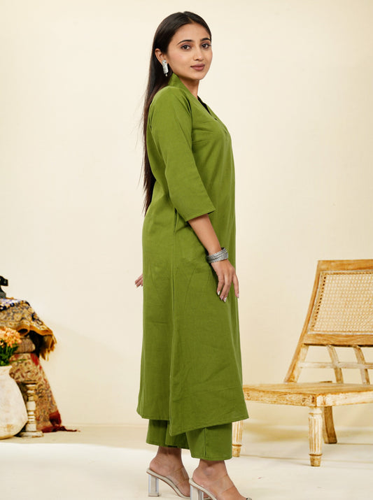 Ruhani Mehendi Green Cotton A-Line long Co-Ord Set