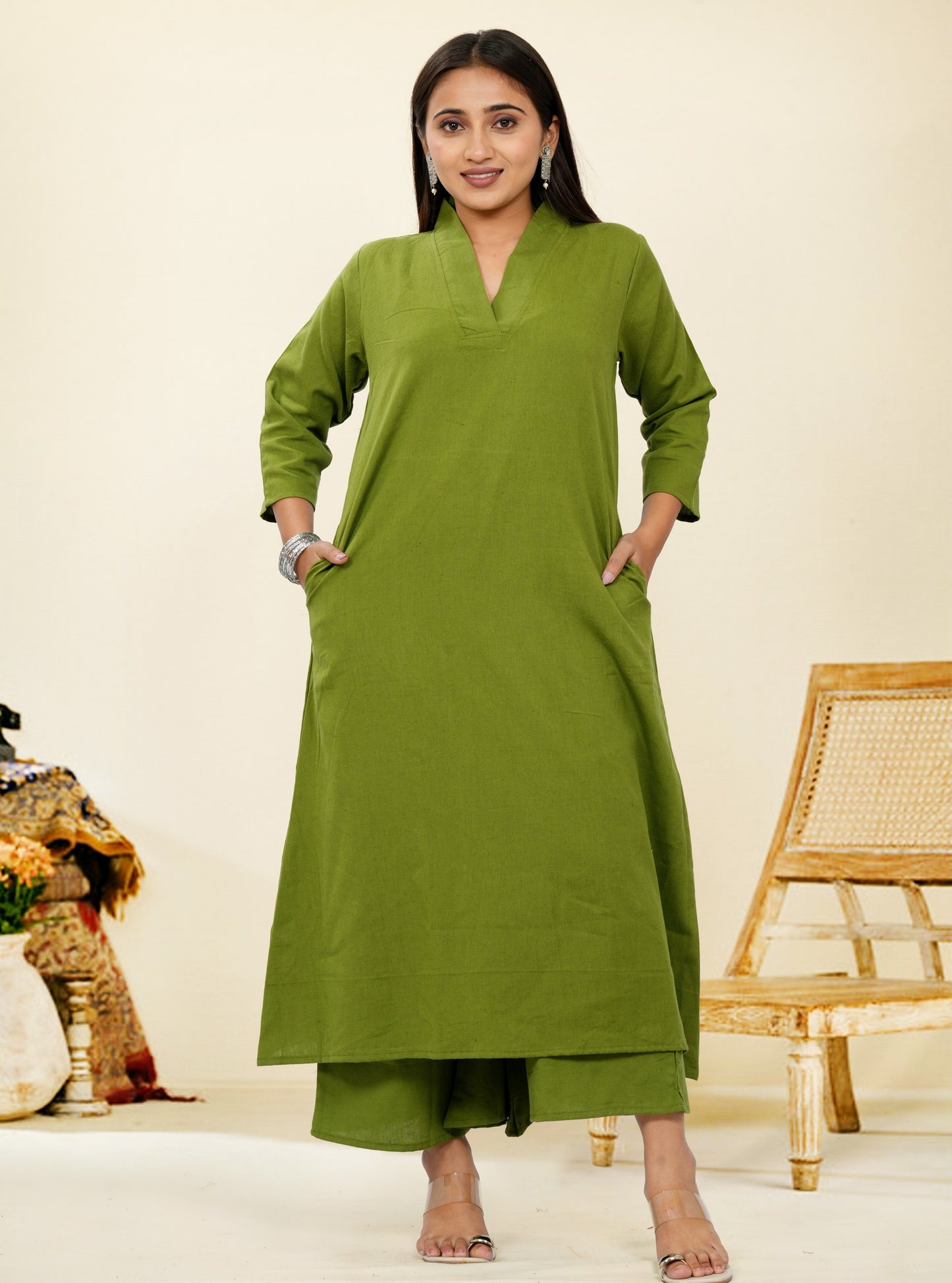 Ruhani Mehendi Green Cotton A-Line long Co-Ord Set