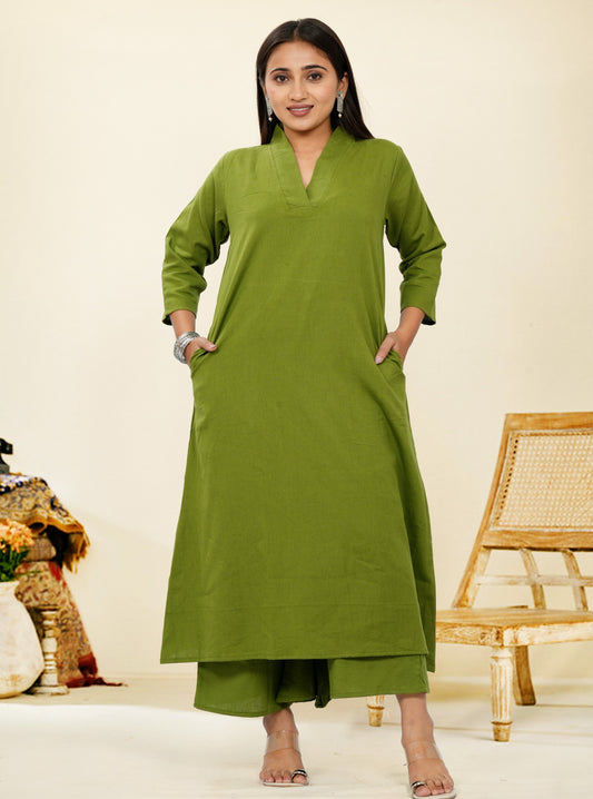 Ruhani Mehendi Green Cotton A-Line long Co-Ord Set