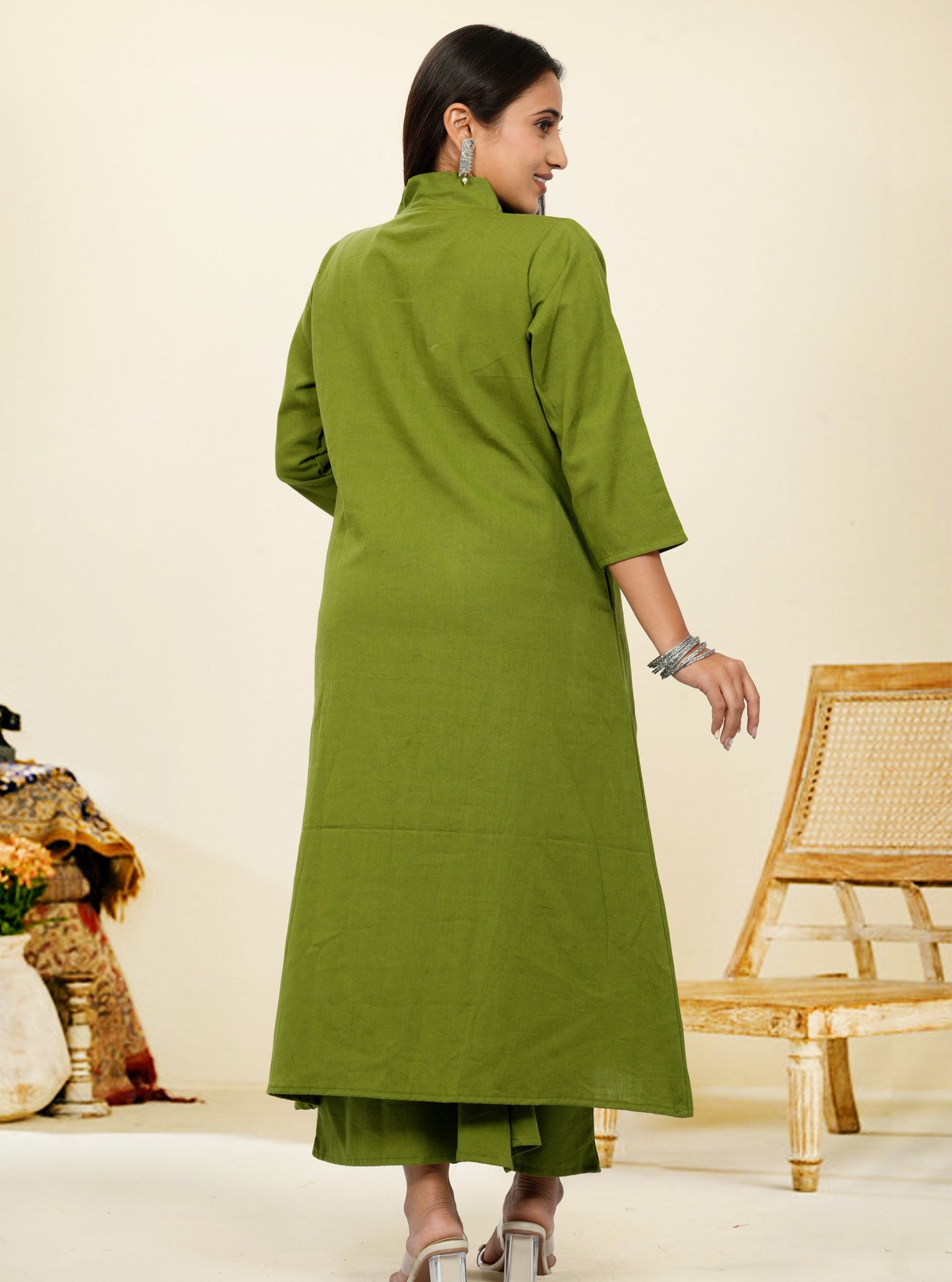 Ruhani Mehendi Green Cotton A-Line long Co-Ord Set