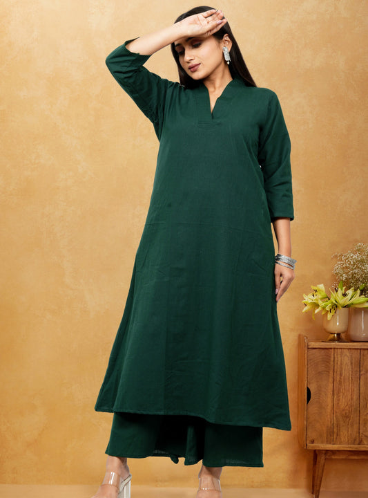 Ruhani Bottle Green Cotton A-Line long Co-Ord Set
