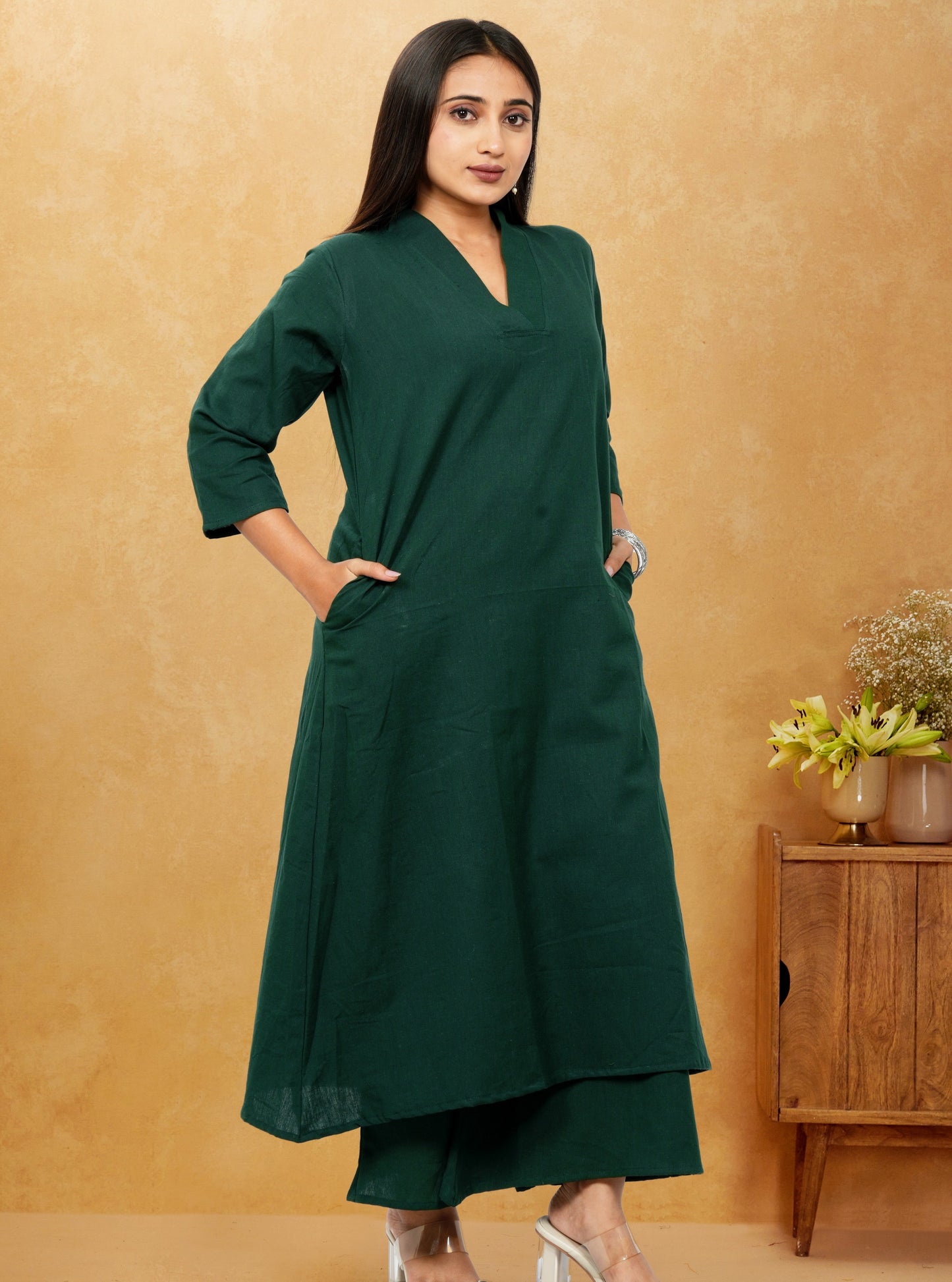 Ruhani Bottle Green Cotton A-Line long Co-Ord Set