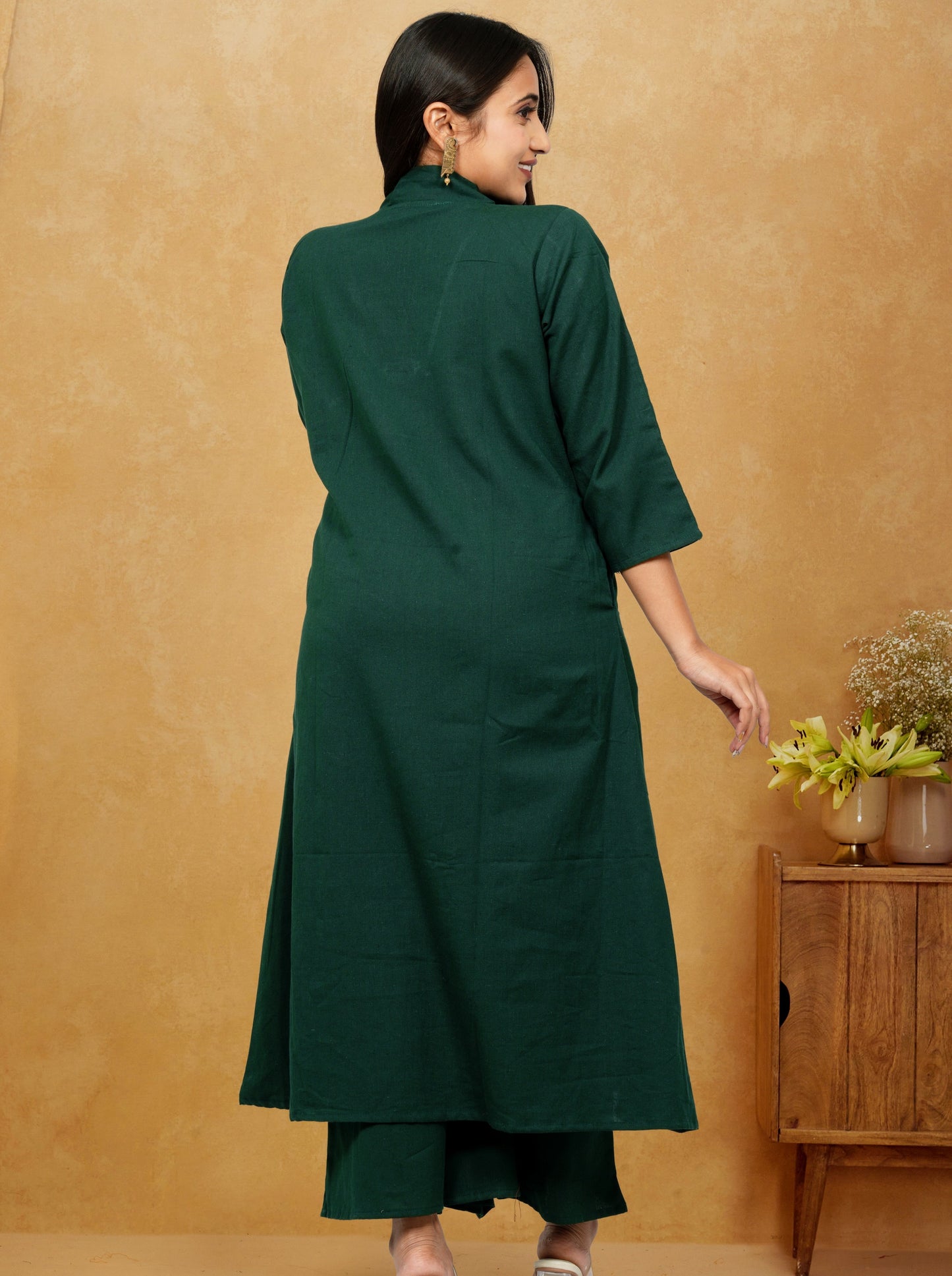 Ruhani Bottle Green Cotton A-Line long Co-Ord Set