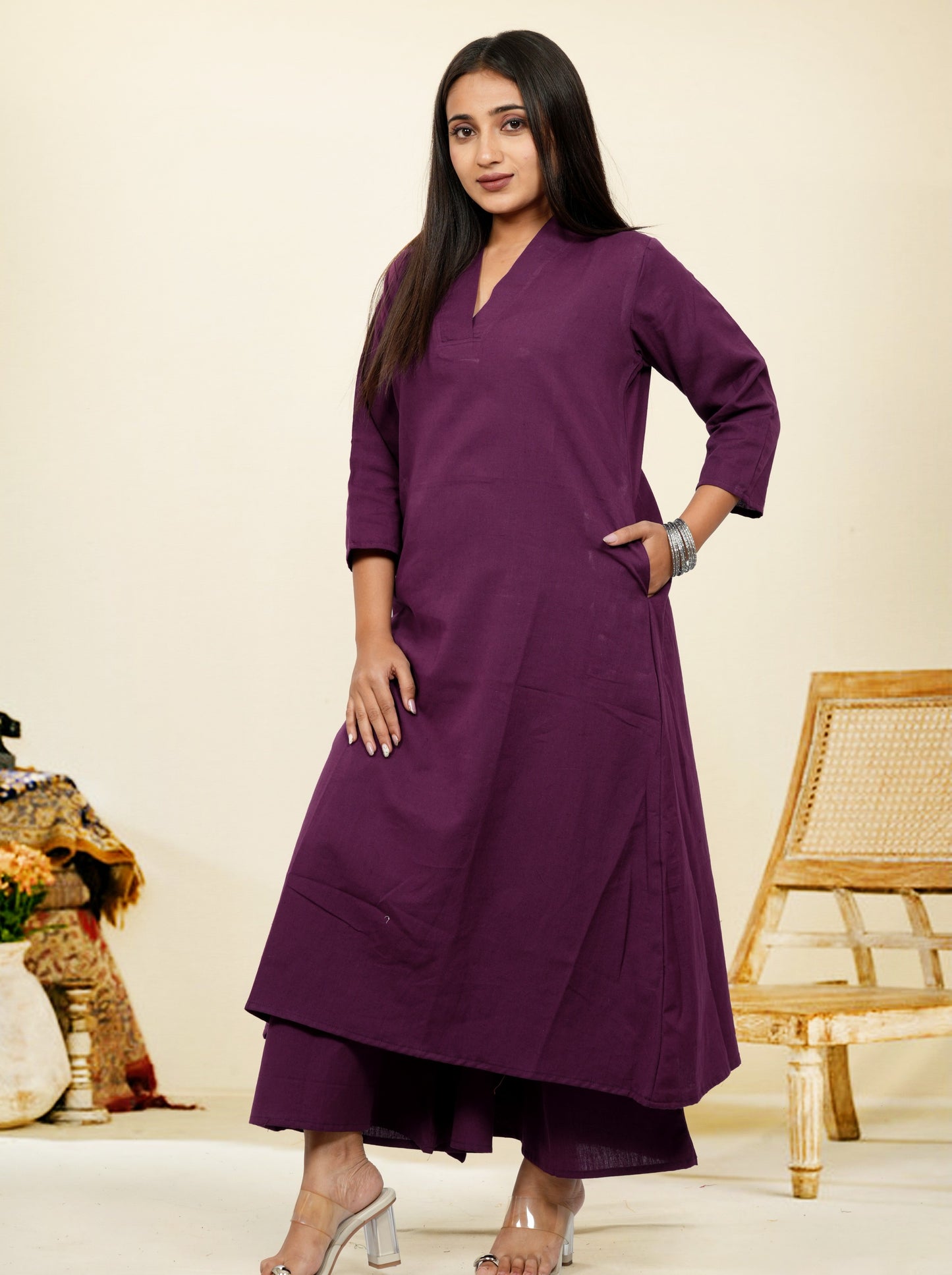 Ruhani Purple Cotton A-Line long Co-Ord Set