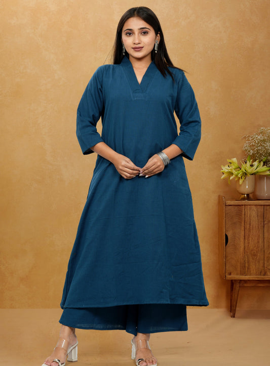 Ruhani Teal Blue Cotton A-Line long Co-Ord Set