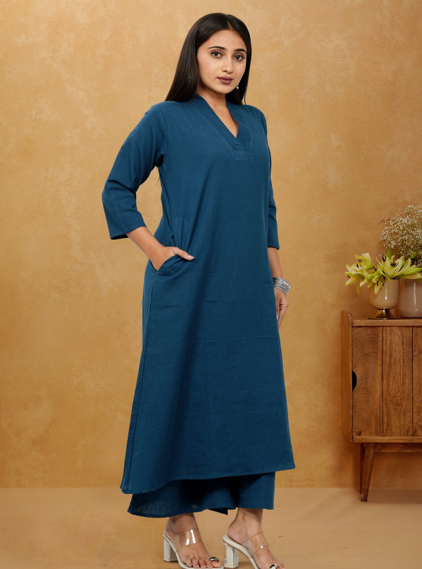 Ruhani Teal Blue Cotton A-Line long Co-Ord Set