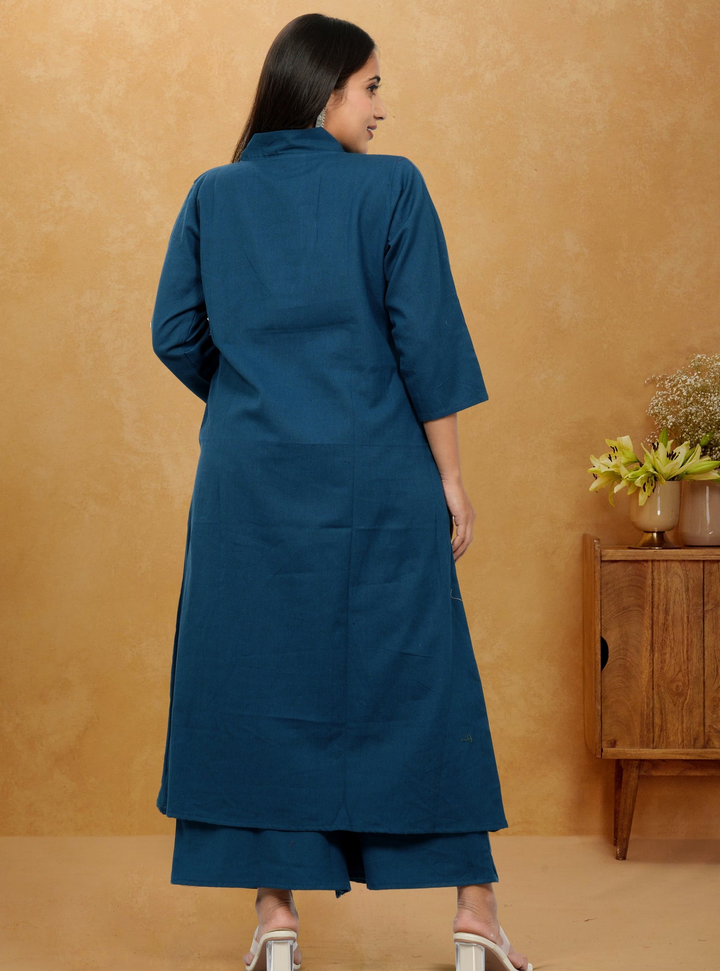 Ruhani Teal Blue Cotton A-Line long Co-Ord Set