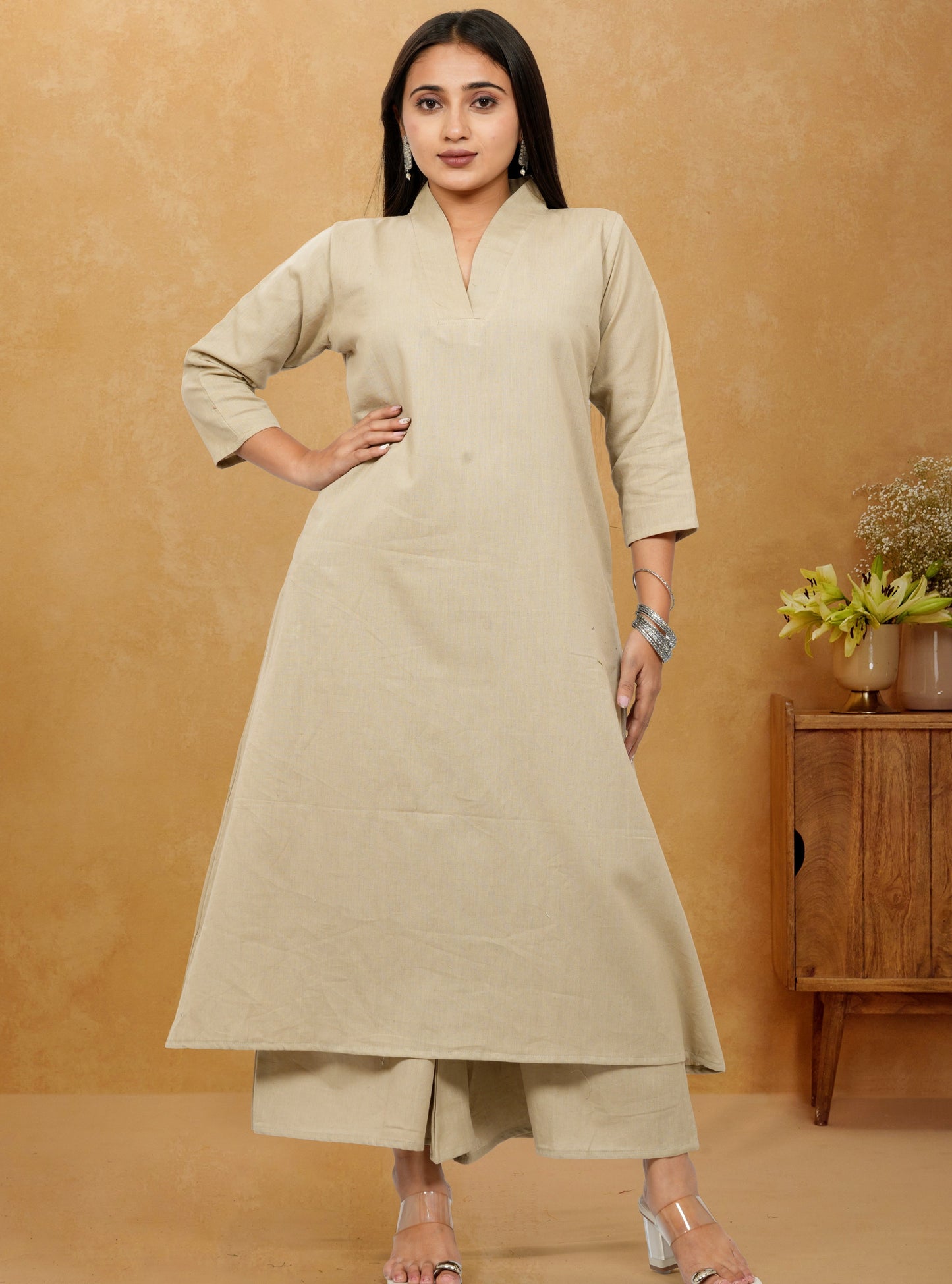 Ruhani Khakhi Cotton A-Line long Co-Ord Set