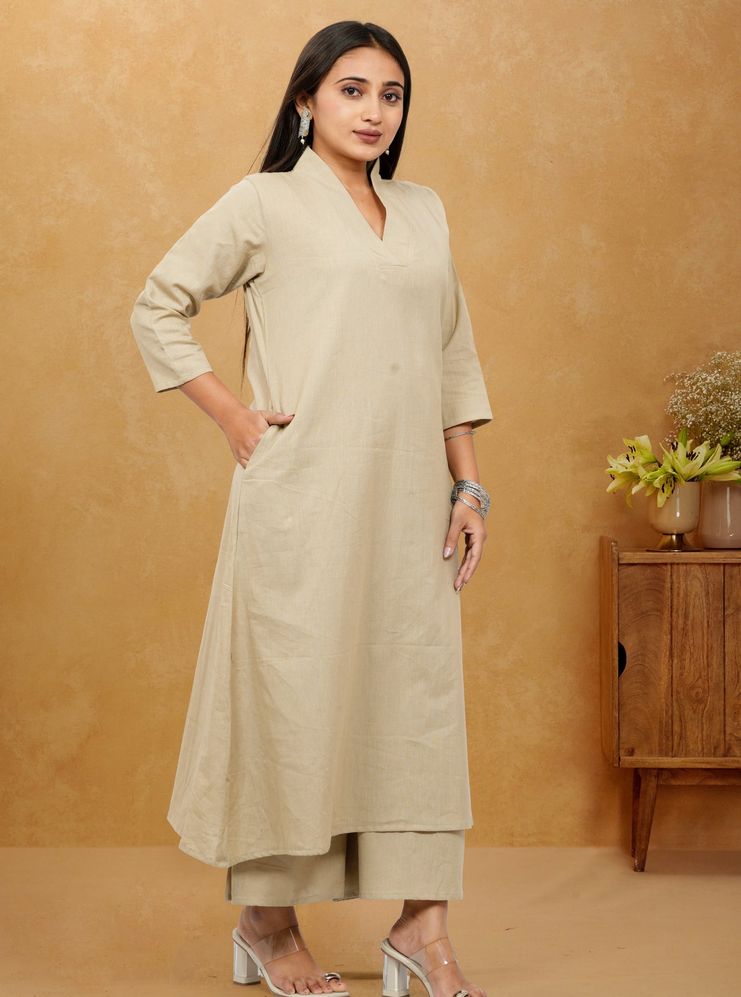 Ruhani Khakhi Cotton A-Line long Co-Ord Set
