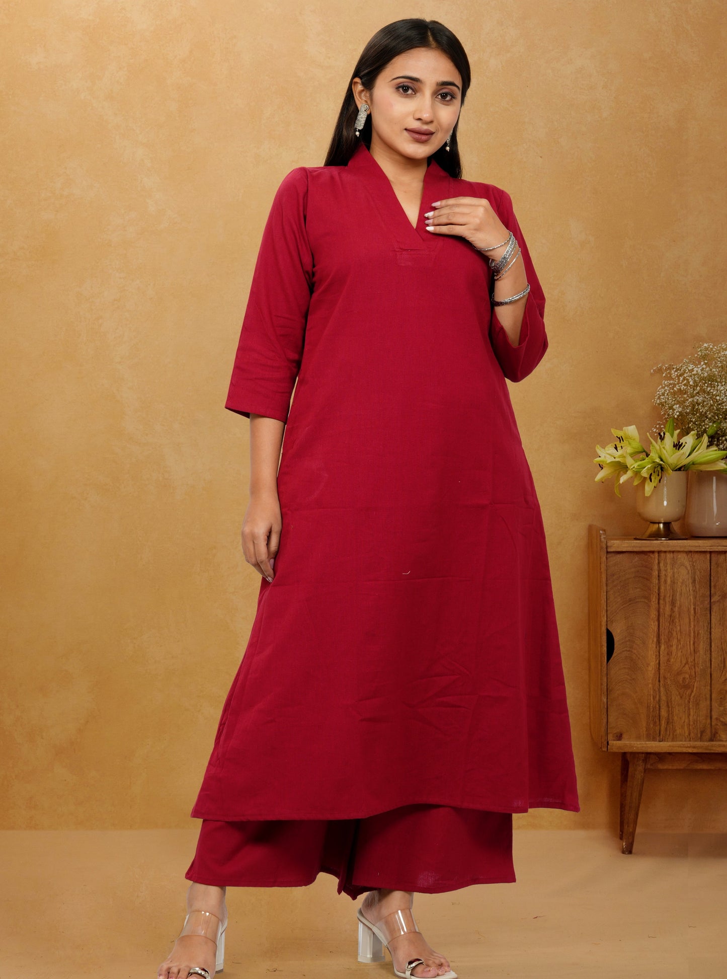 Ruhani Maroon Cotton A-Line long Co-Ord Set