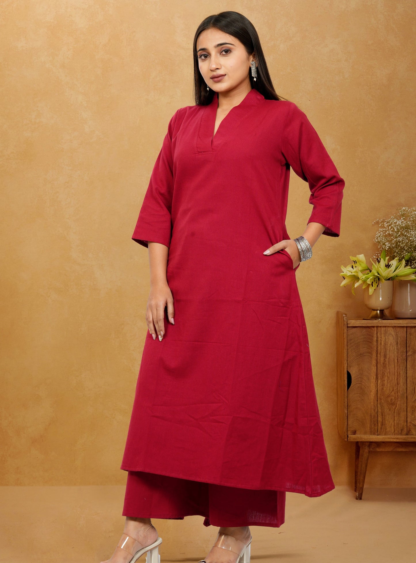 Ruhani Maroon Cotton A-Line long Co-Ord Set