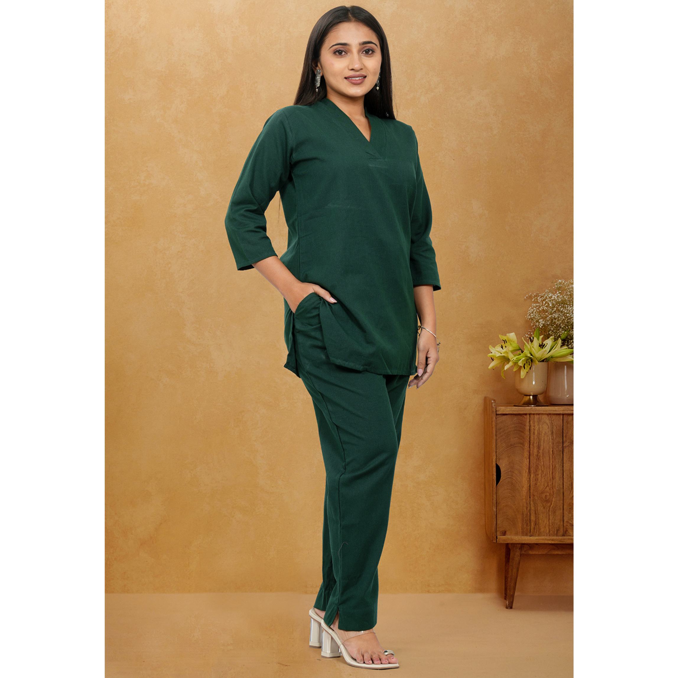Nivaah Bottle Green Cotton Short Co-Ord Set Nivaah Bottle Green Cotton Short Co-Ord Set