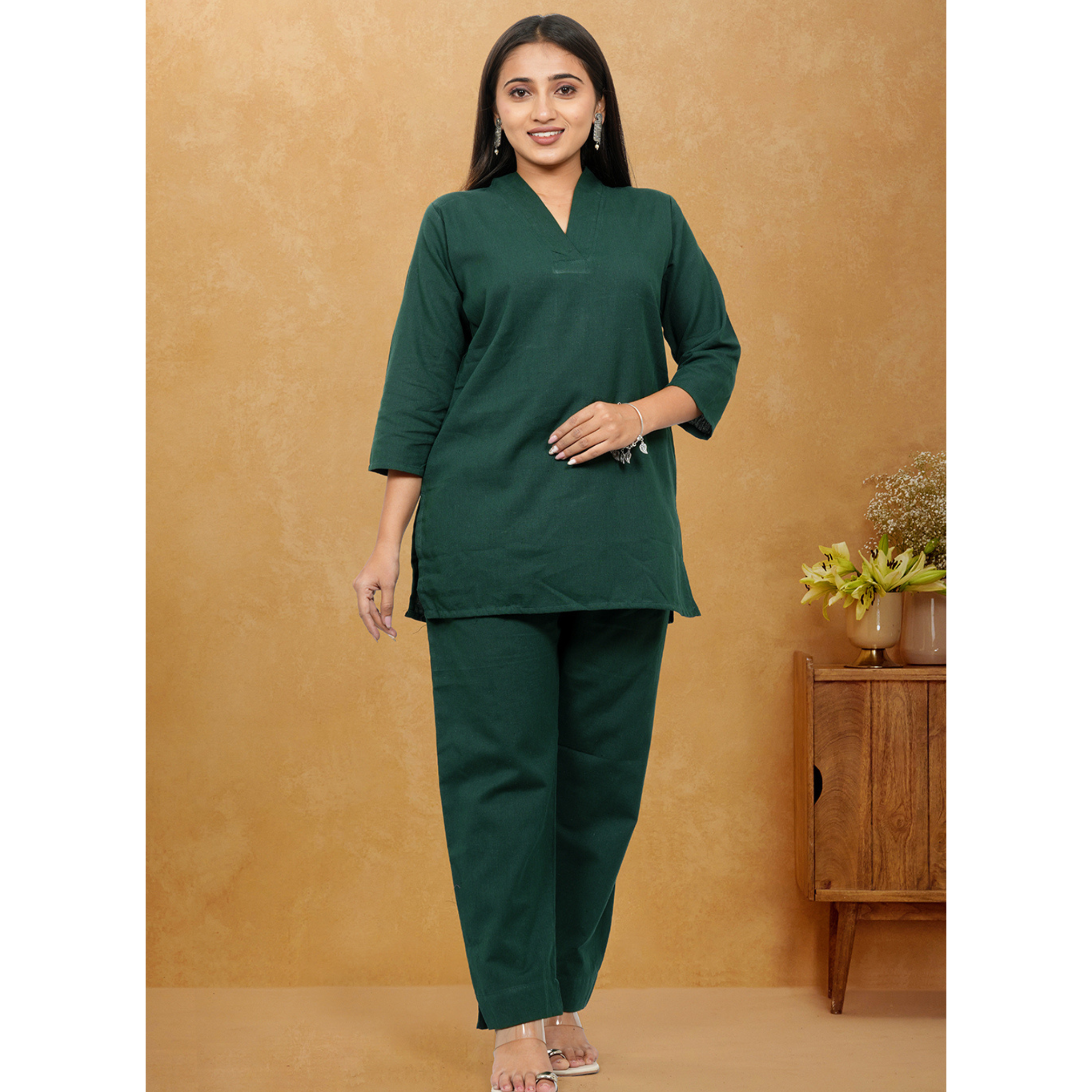 Nivaah Bottle Green Cotton Short Co-Ord Set Nivaah Bottle Green Cotton Short Co-Ord Set