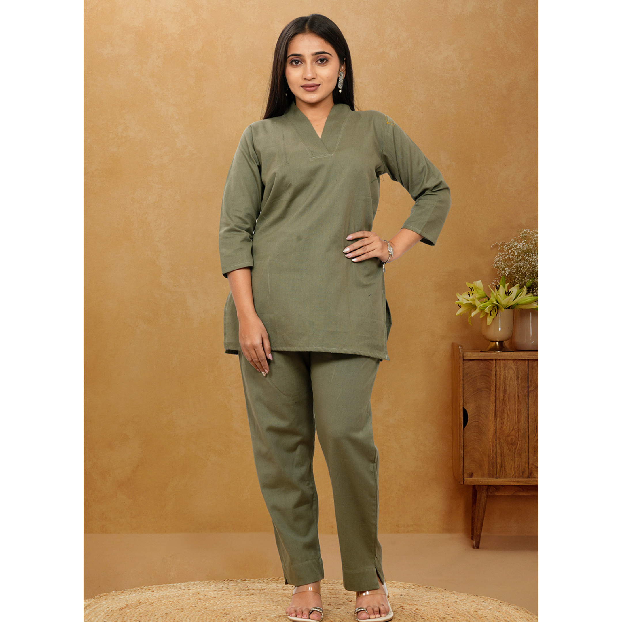 Nivaah Military Green Cotton Short Co-Ord Set Nivaah Military Green Cotton Short Co-Ord Set