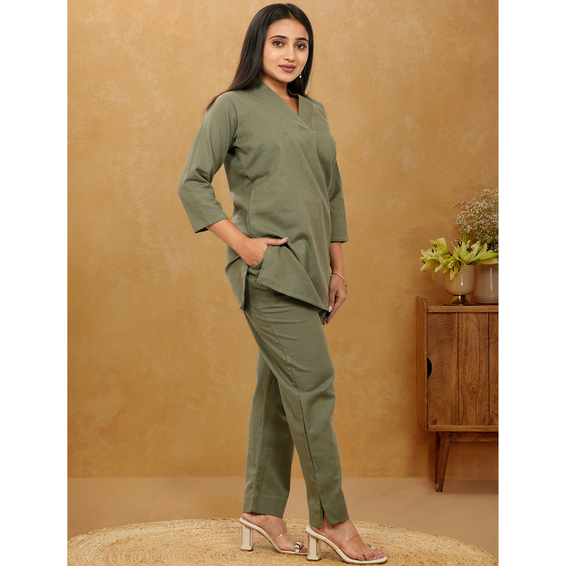 Nivaah Military Green Cotton Short Co-Ord Set Nivaah Military Green Cotton Short Co-Ord Set